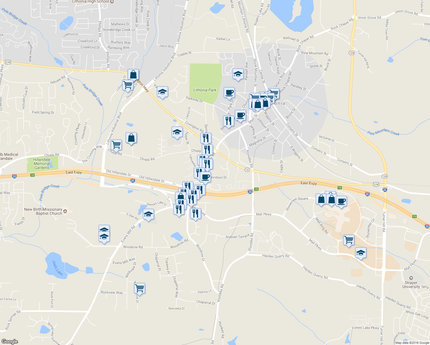 map of restaurants, bars, coffee shops, grocery stores, and more near 2853 Davidson Drive in Lithonia