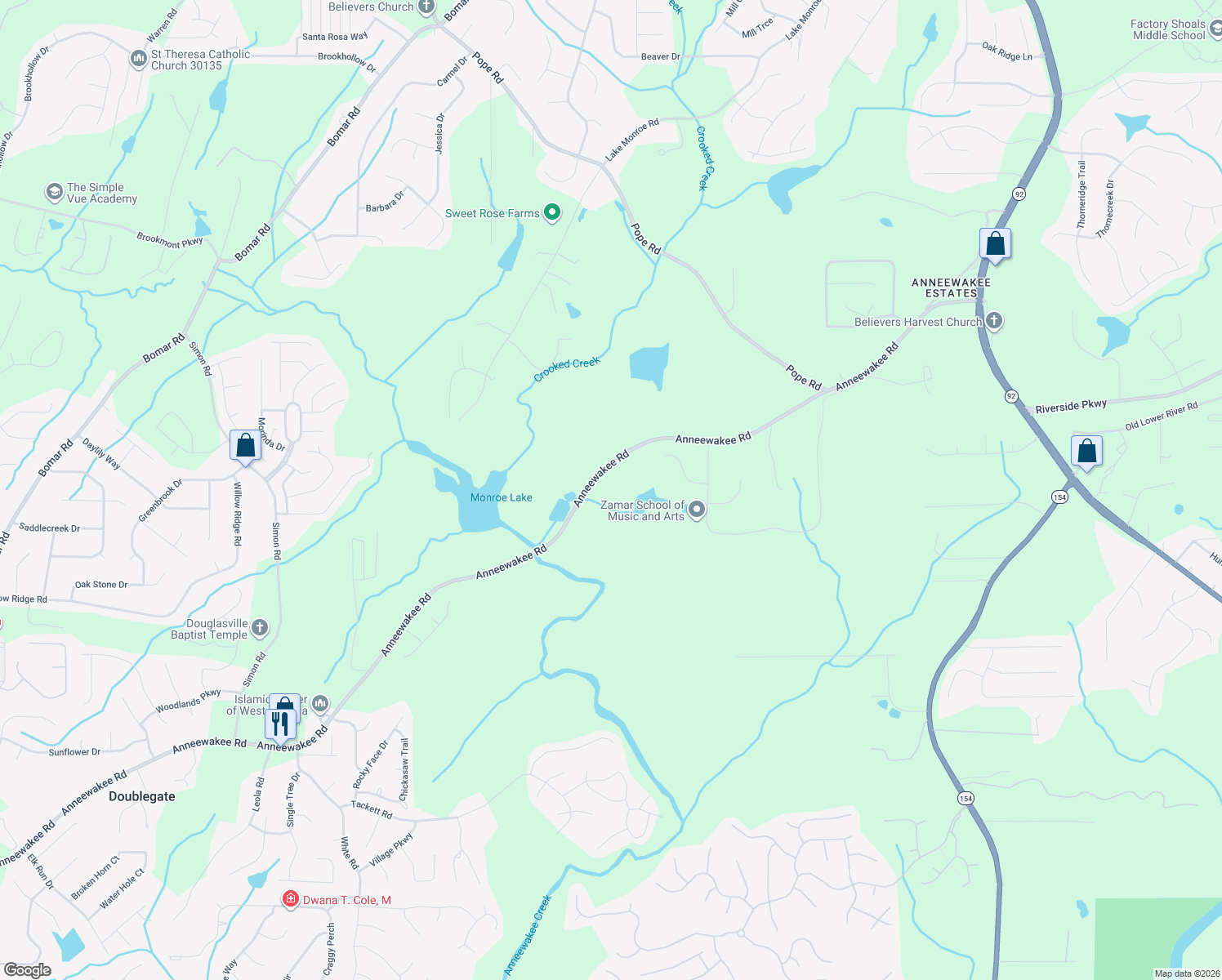 map of restaurants, bars, coffee shops, grocery stores, and more near 3760 Anneewakee Road in Douglasville