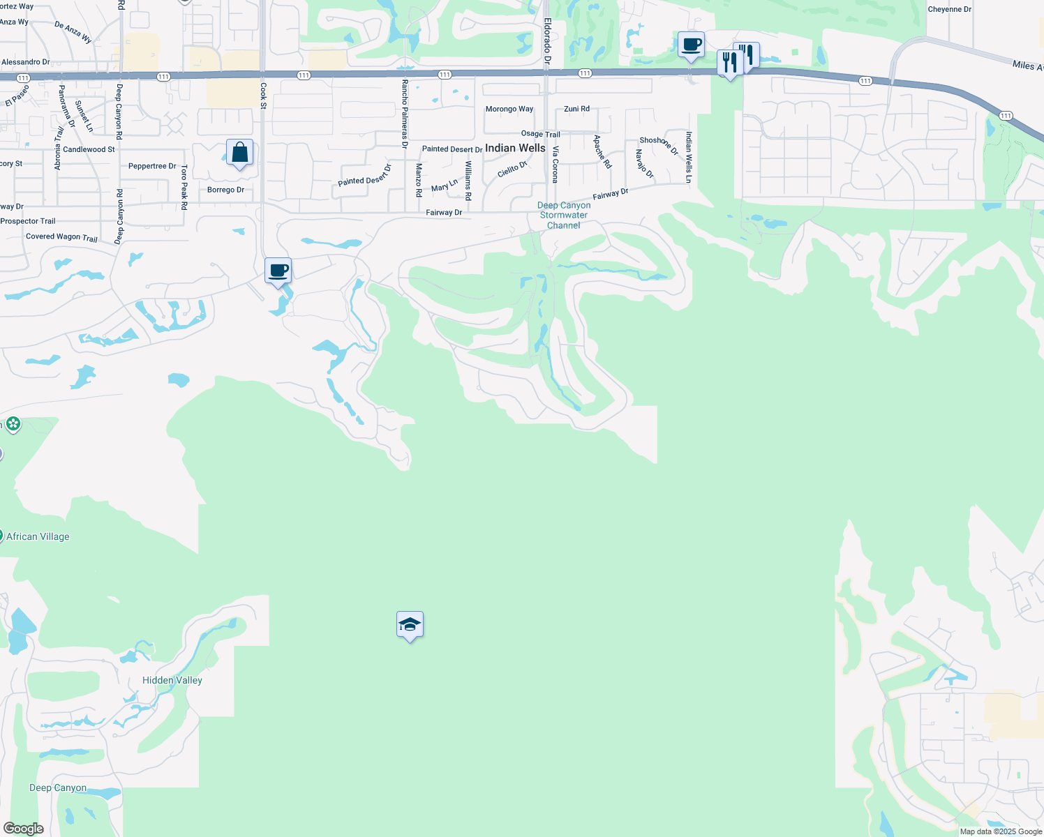 map of restaurants, bars, coffee shops, grocery stores, and more near 47255 Crystal Loop in Indian Wells