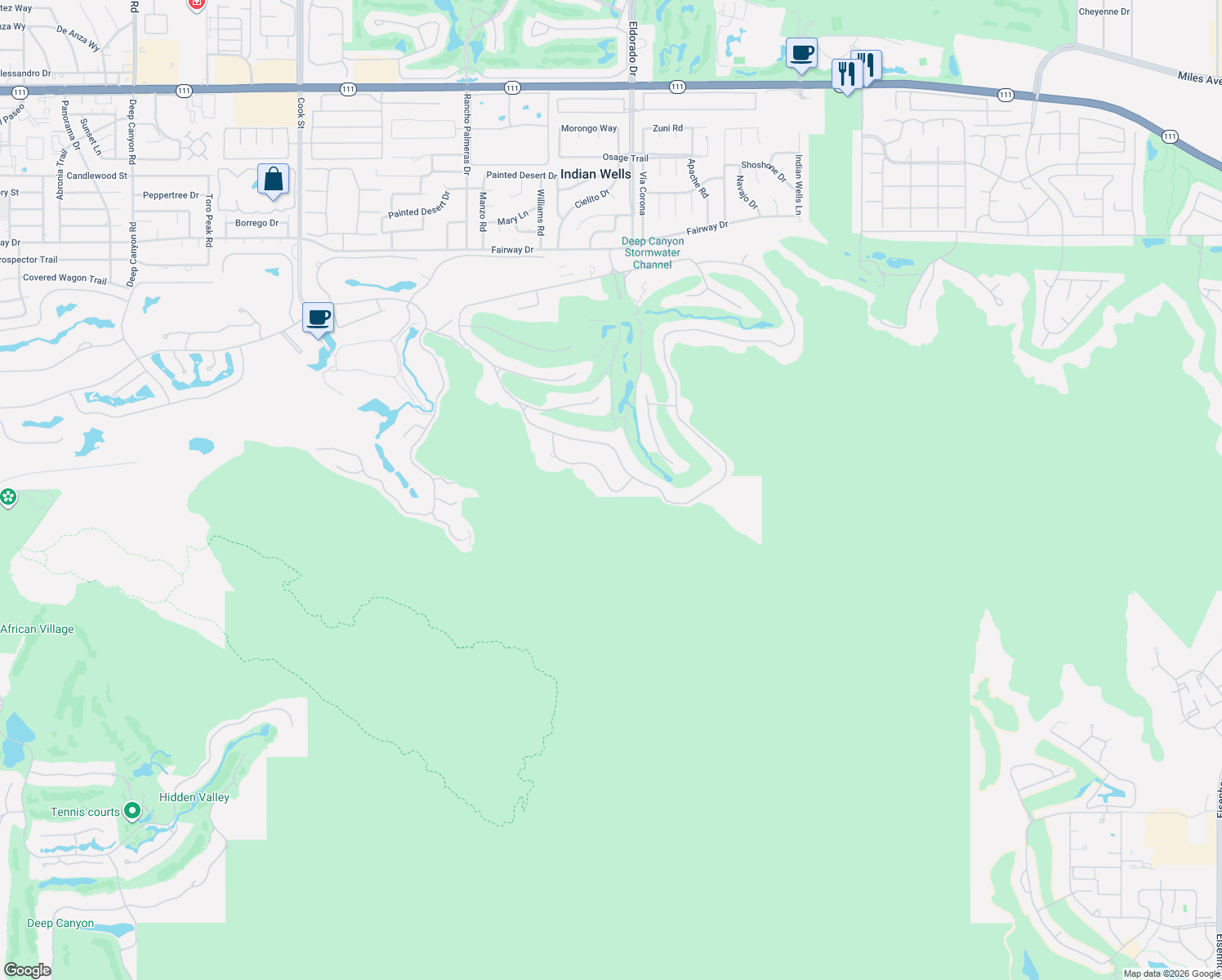 map of restaurants, bars, coffee shops, grocery stores, and more near 47255 Crystal Loop in Indian Wells