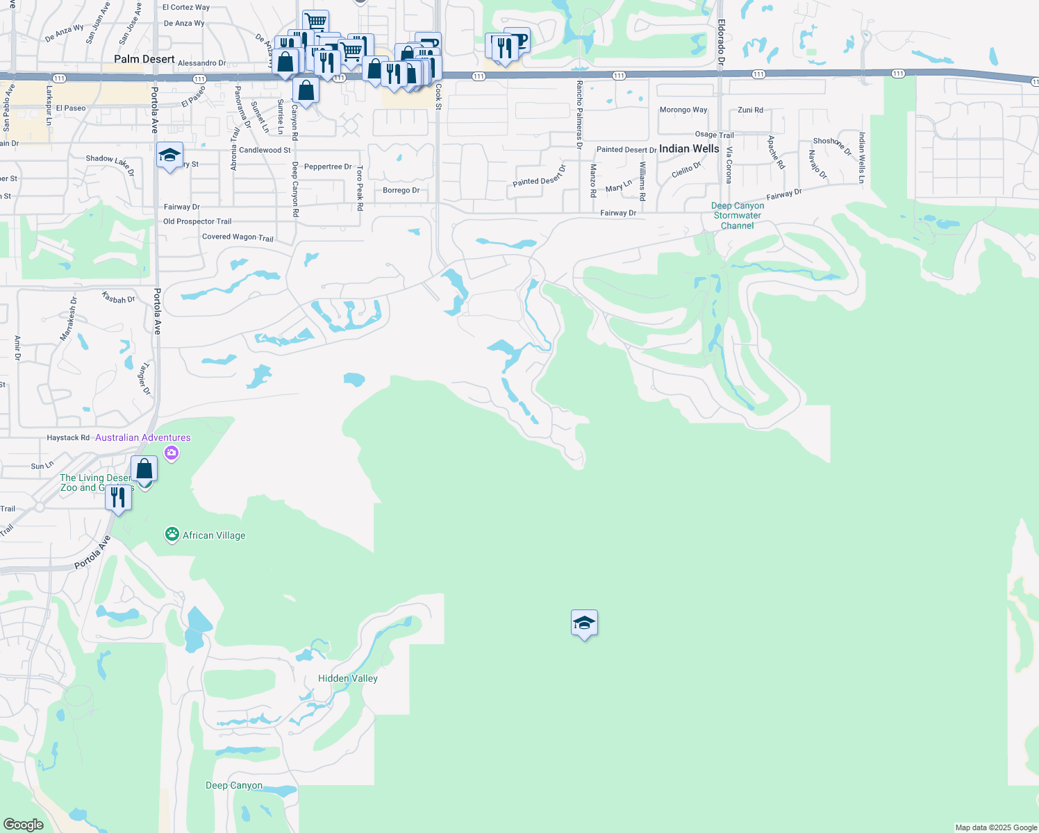 map of restaurants, bars, coffee shops, grocery stores, and more near 47625 Vintage Drive East in Indian Wells