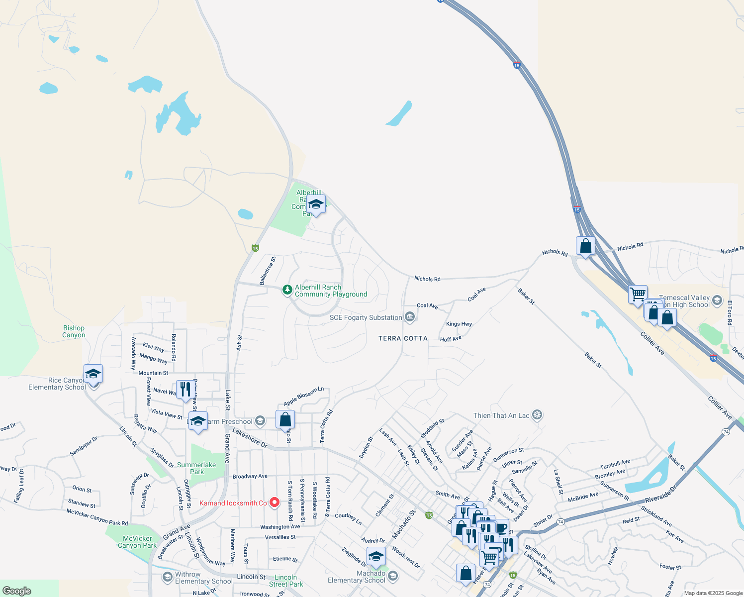 map of restaurants, bars, coffee shops, grocery stores, and more near 4273 Empressa Circle in Lake Elsinore