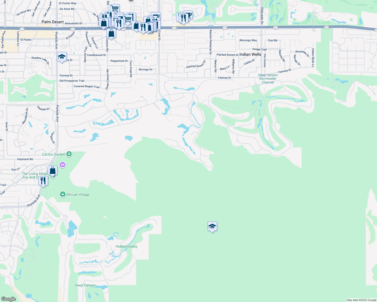 map of restaurants, bars, coffee shops, grocery stores, and more near 47625 Vintage Drive East in Indian Wells