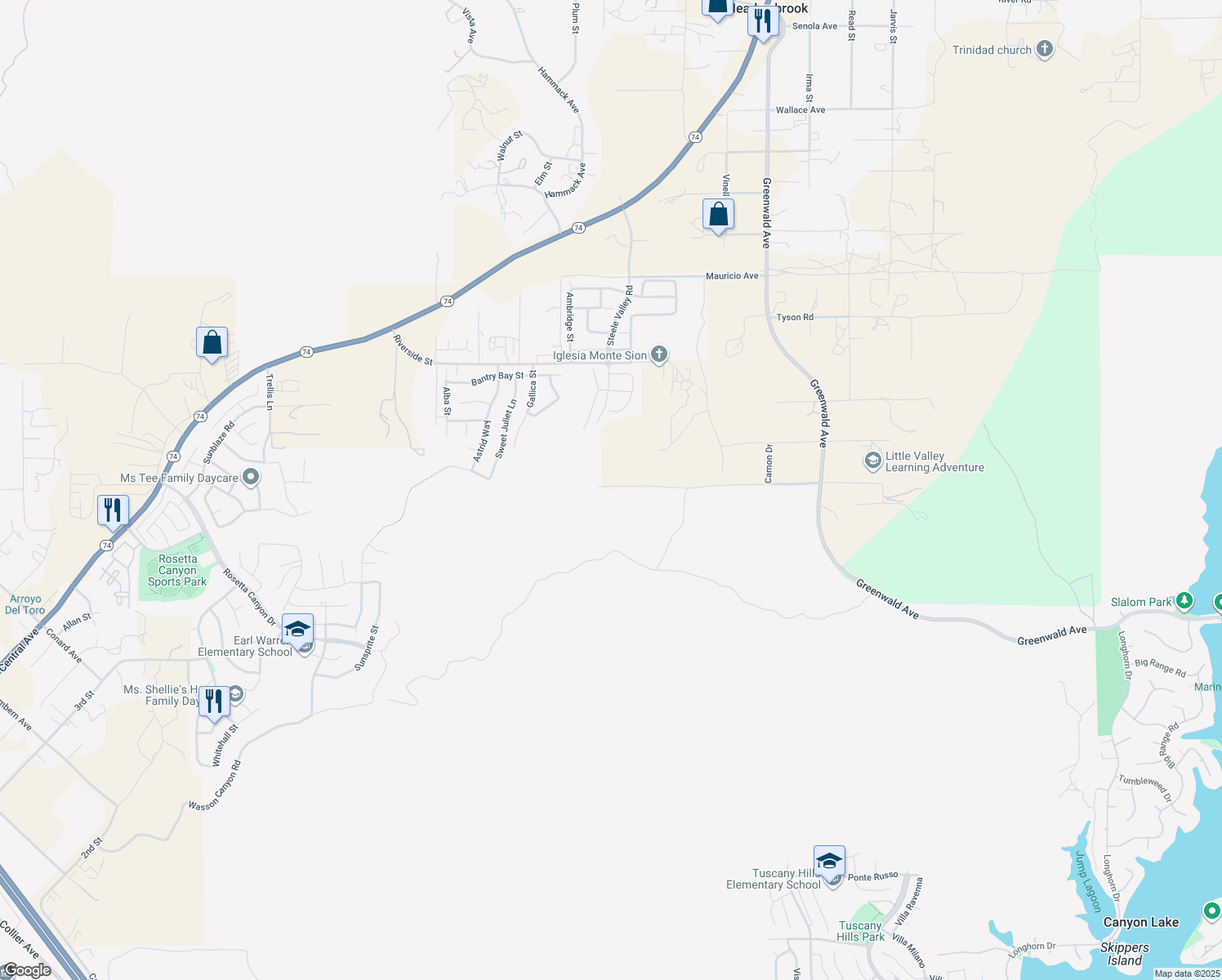 map of restaurants, bars, coffee shops, grocery stores, and more near Little Valley Road in Perris