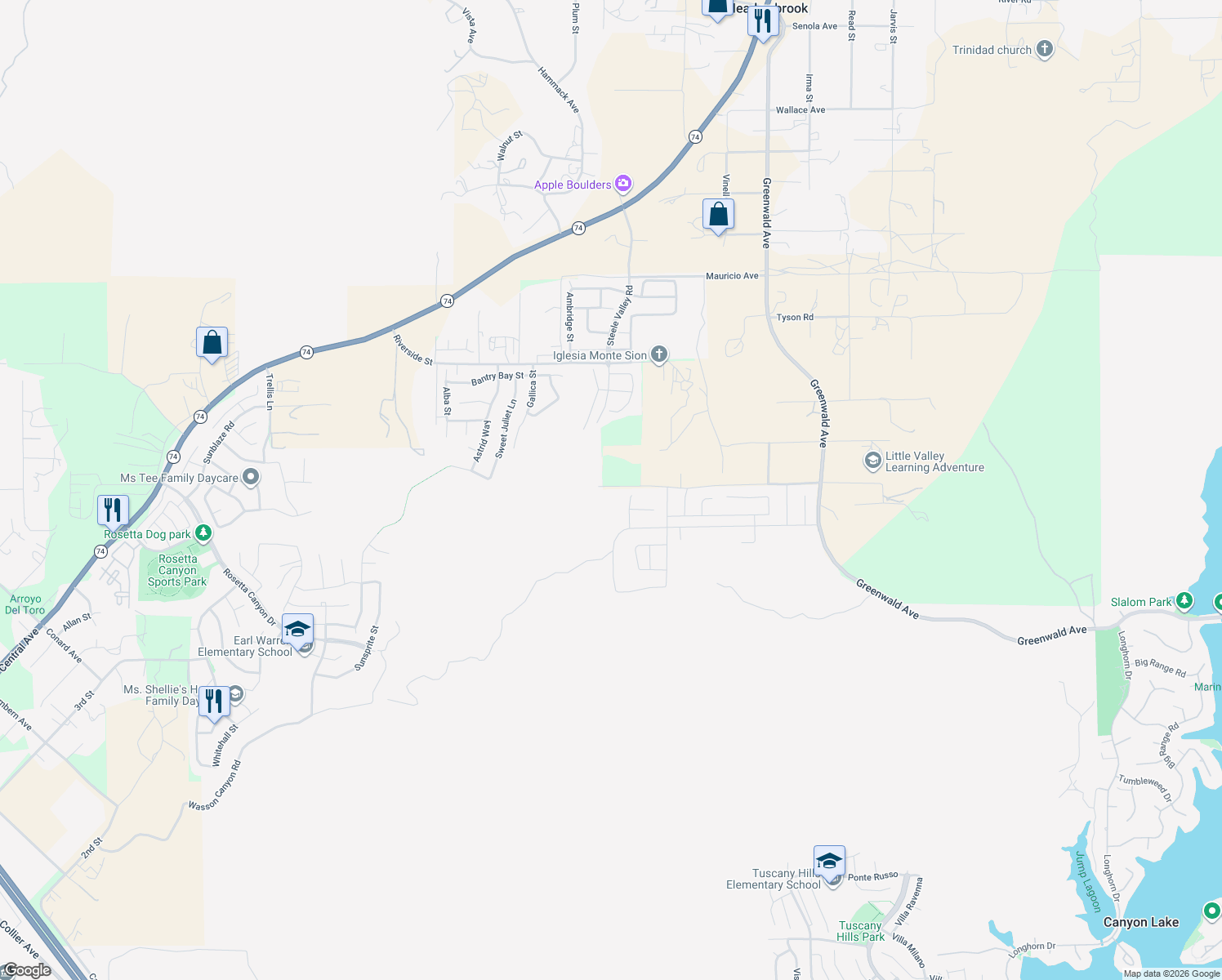 map of restaurants, bars, coffee shops, grocery stores, and more near 20401-20479 Grassy Meadow Drive in Perris