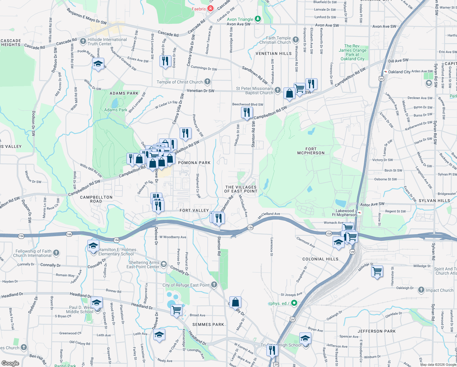 map of restaurants, bars, coffee shops, grocery stores, and more near 2676 Bayrose Cir in East Point