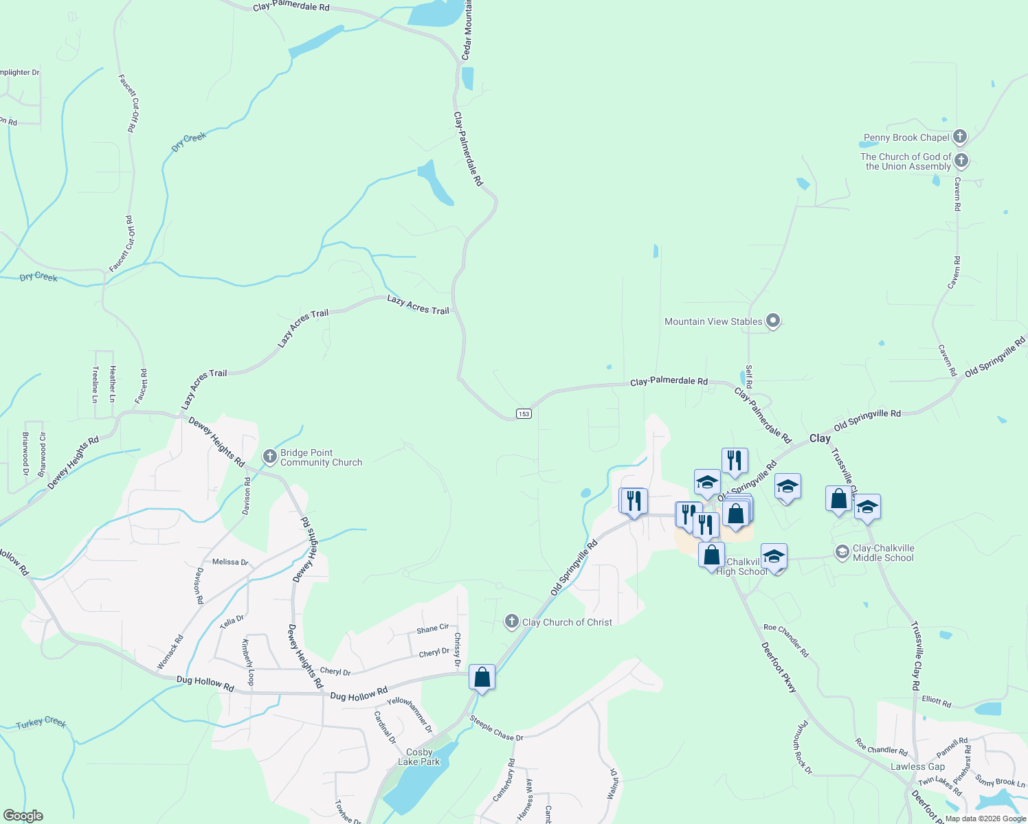 map of restaurants, bars, coffee shops, grocery stores, and more near 6090 Clay-Palmerdale Road in Pinson