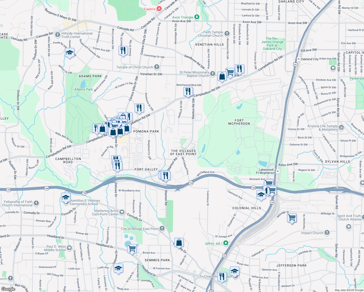 map of restaurants, bars, coffee shops, grocery stores, and more near 2677 Bayrose Circle in East Point