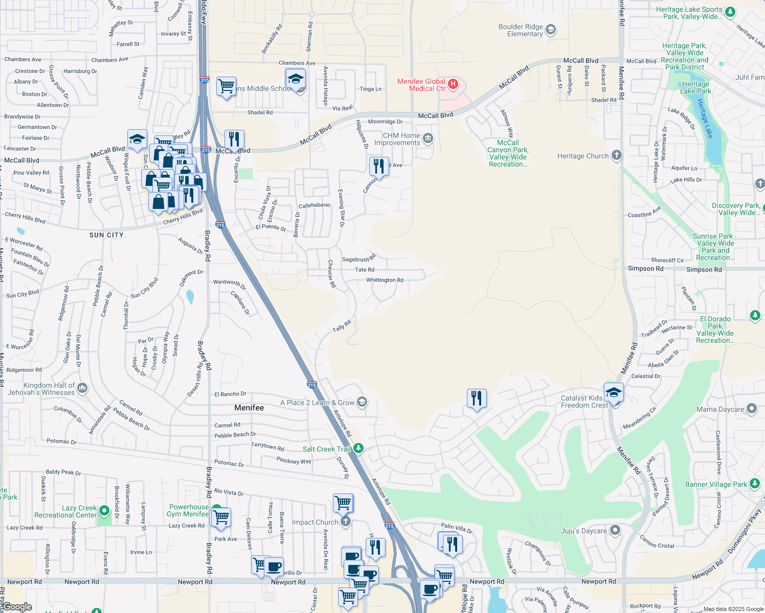 map of restaurants, bars, coffee shops, grocery stores, and more near 28718 Woodchester Way in Menifee