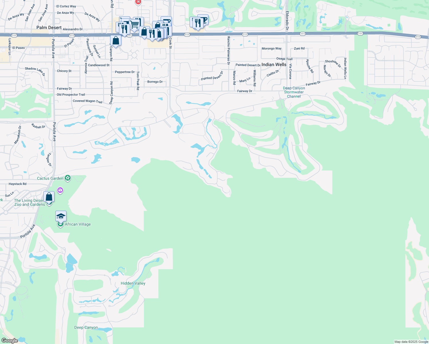 map of restaurants, bars, coffee shops, grocery stores, and more near 47475 Vintage Drive East in Indian Wells