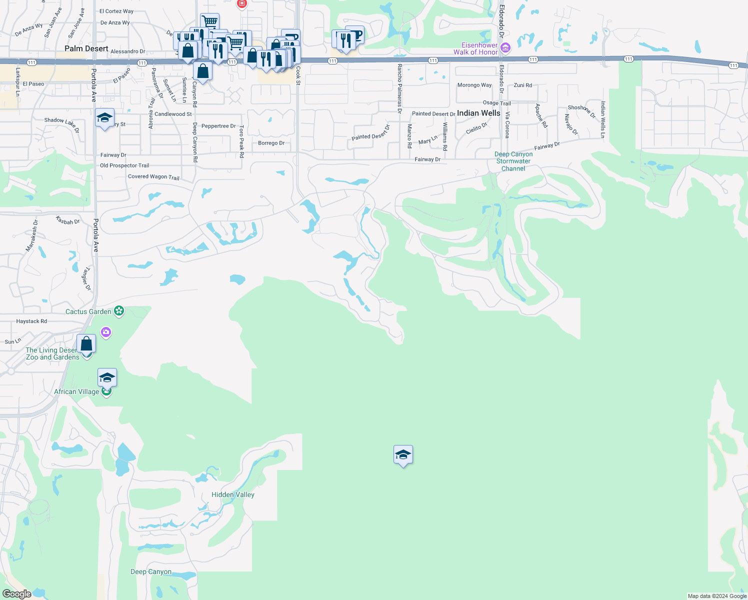 map of restaurants, bars, coffee shops, grocery stores, and more near 47475 Vintage Drive East in Indian Wells