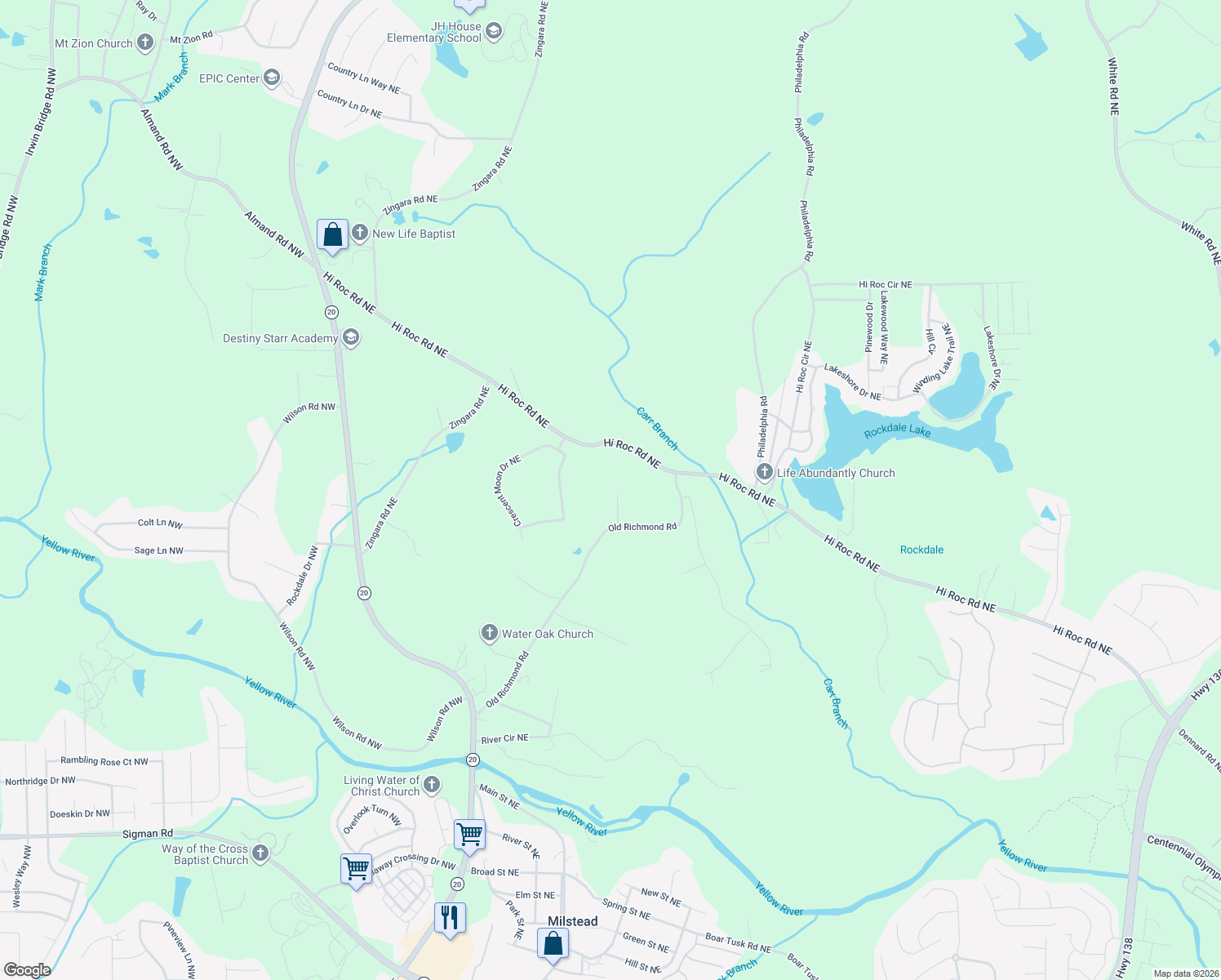 map of restaurants, bars, coffee shops, grocery stores, and more near 2300 Pinetree Lane Northeast in Conyers