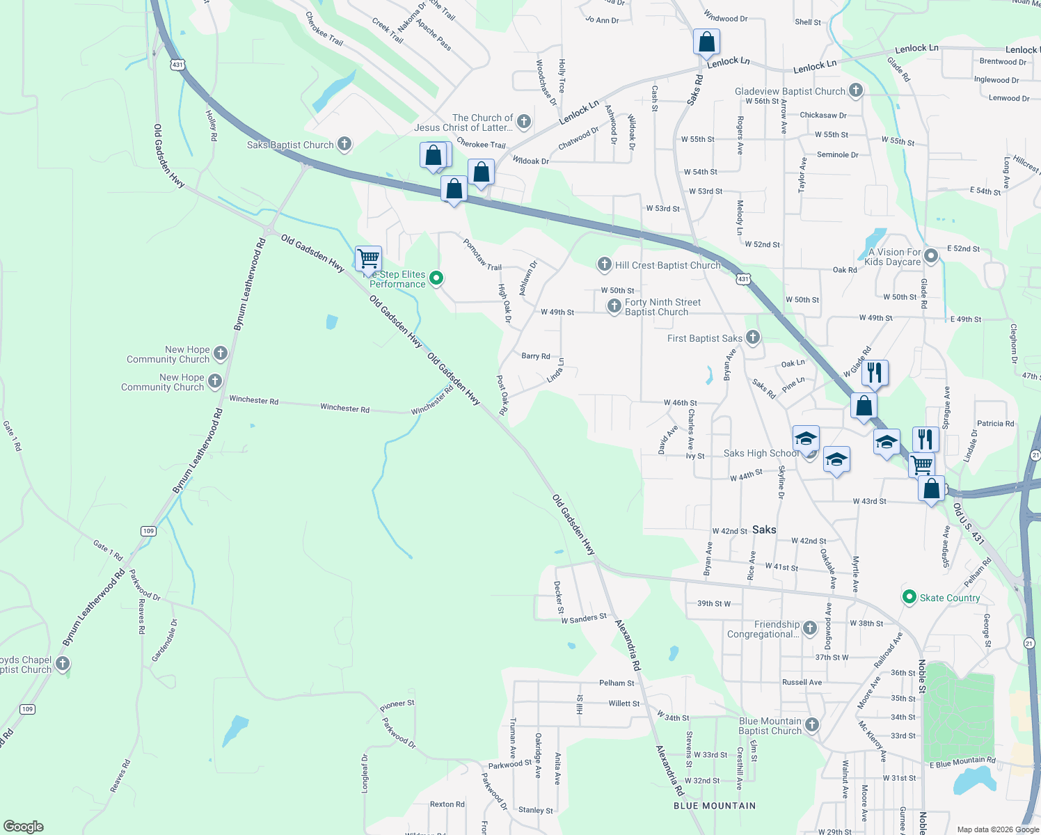 map of restaurants, bars, coffee shops, grocery stores, and more near 4411 Post Oak Road in Anniston