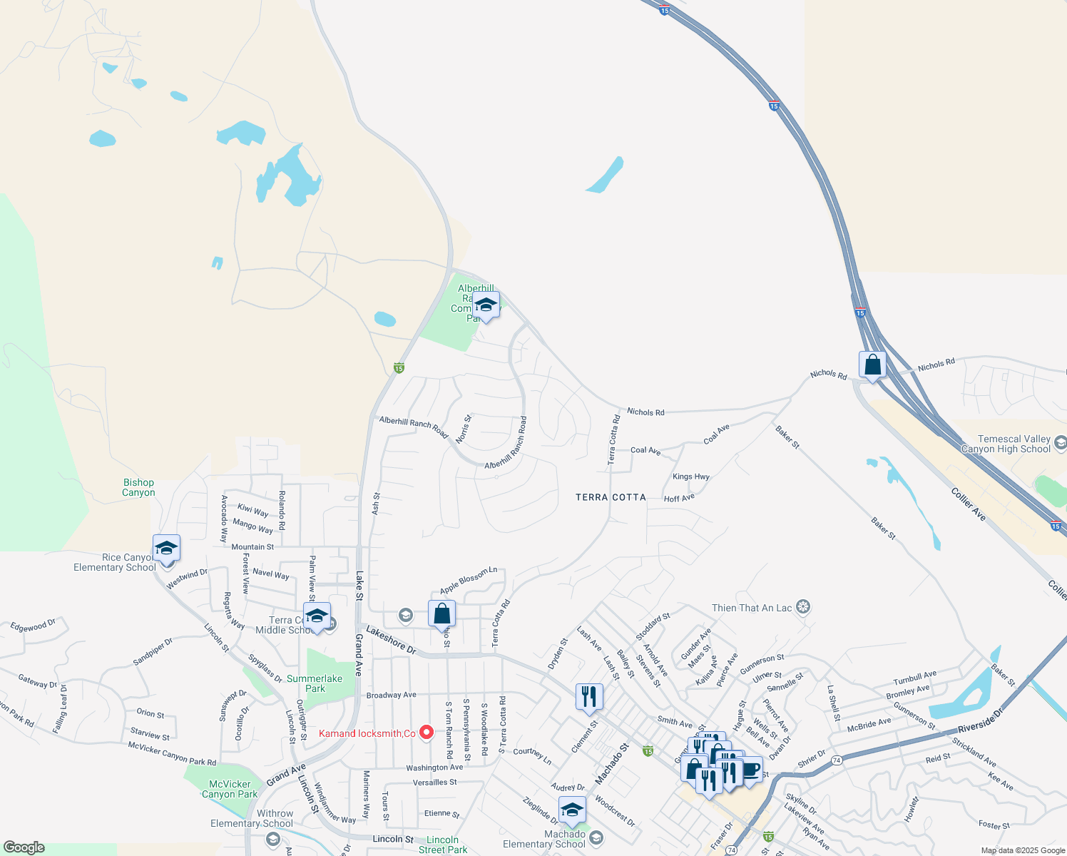 map of restaurants, bars, coffee shops, grocery stores, and more near 4185 Myrtle Street in Lake Elsinore