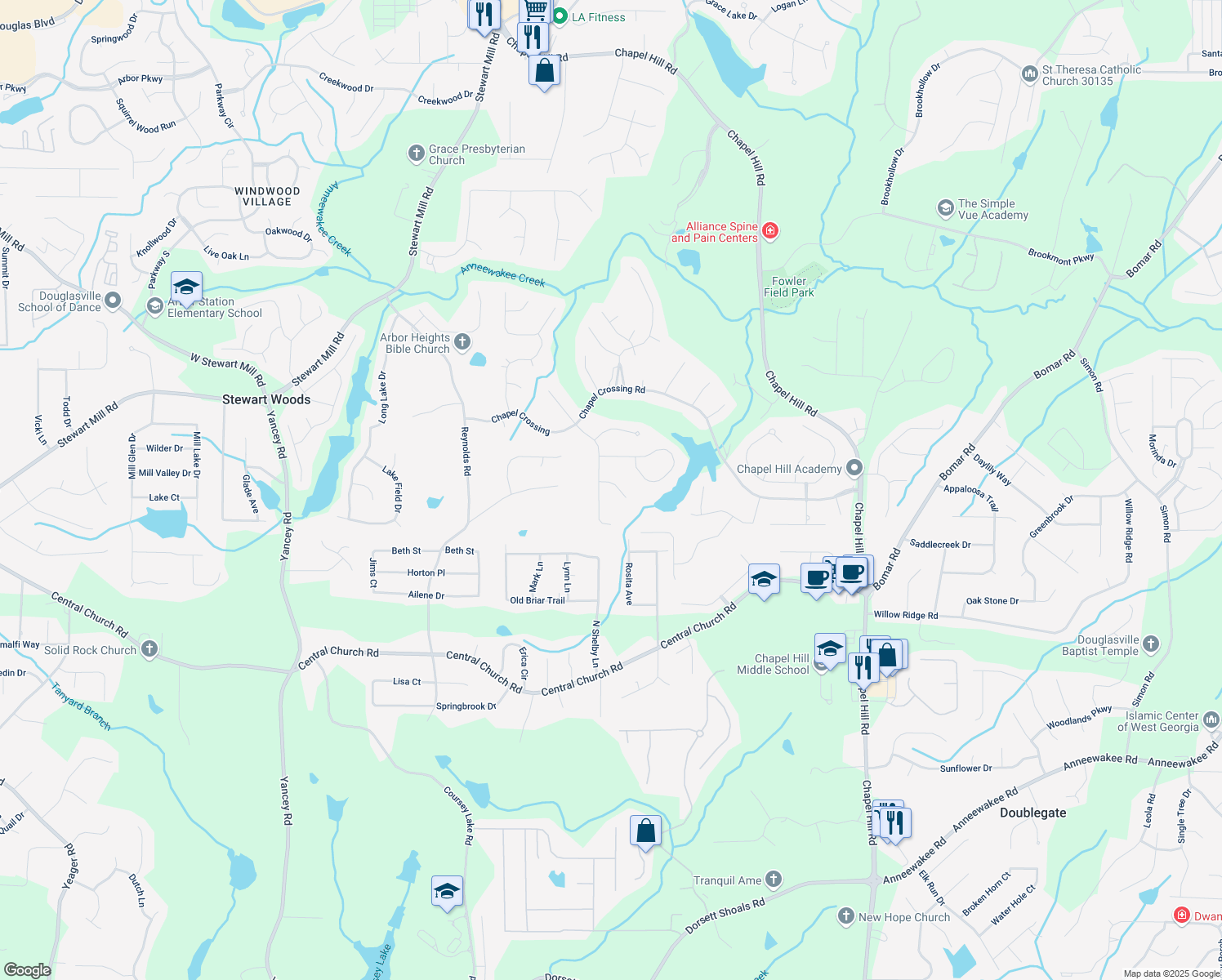 map of restaurants, bars, coffee shops, grocery stores, and more near 4999 Lake Hollow in Douglasville