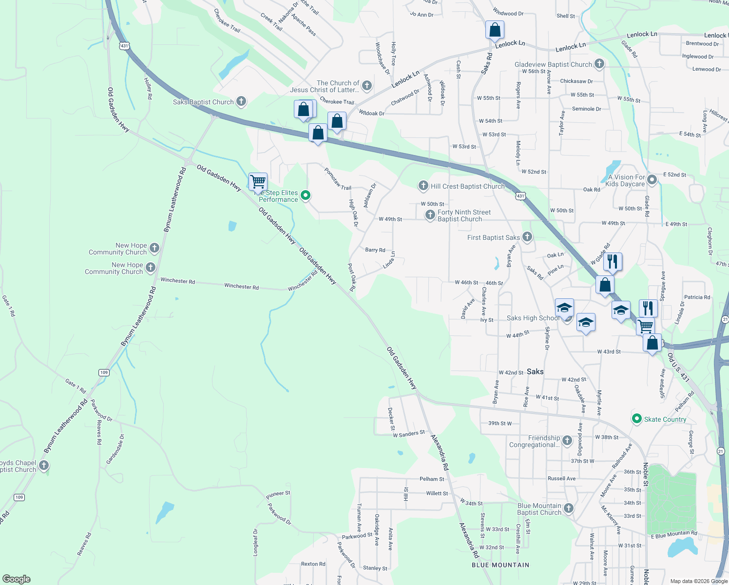 map of restaurants, bars, coffee shops, grocery stores, and more near 4411 Post Oak Road in Anniston
