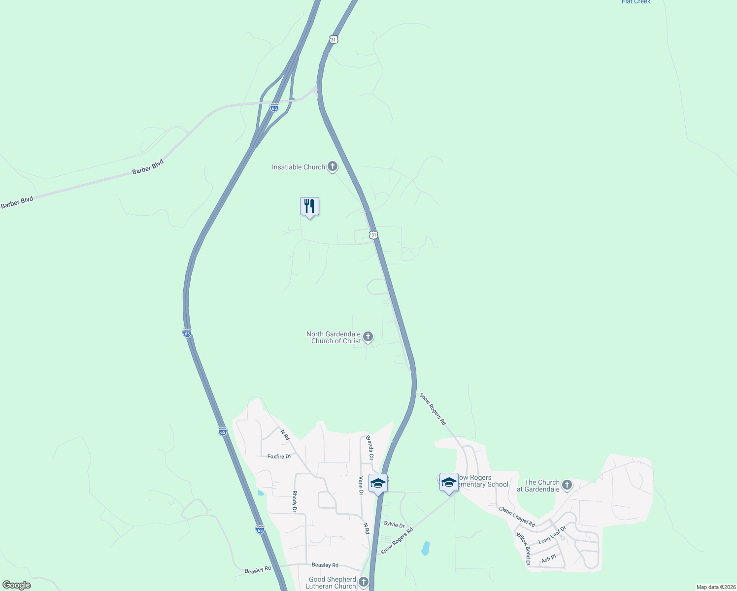 map of restaurants, bars, coffee shops, grocery stores, and more near 276 Echols Road in Gardendale