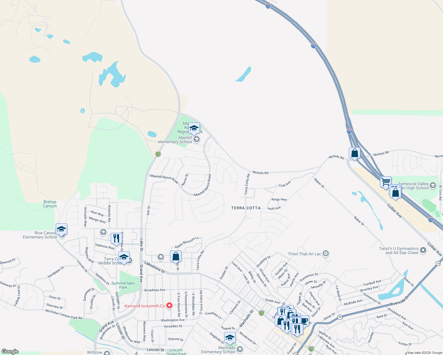 map of restaurants, bars, coffee shops, grocery stores, and more near 4143 Pioneer Lane in Lake Elsinore