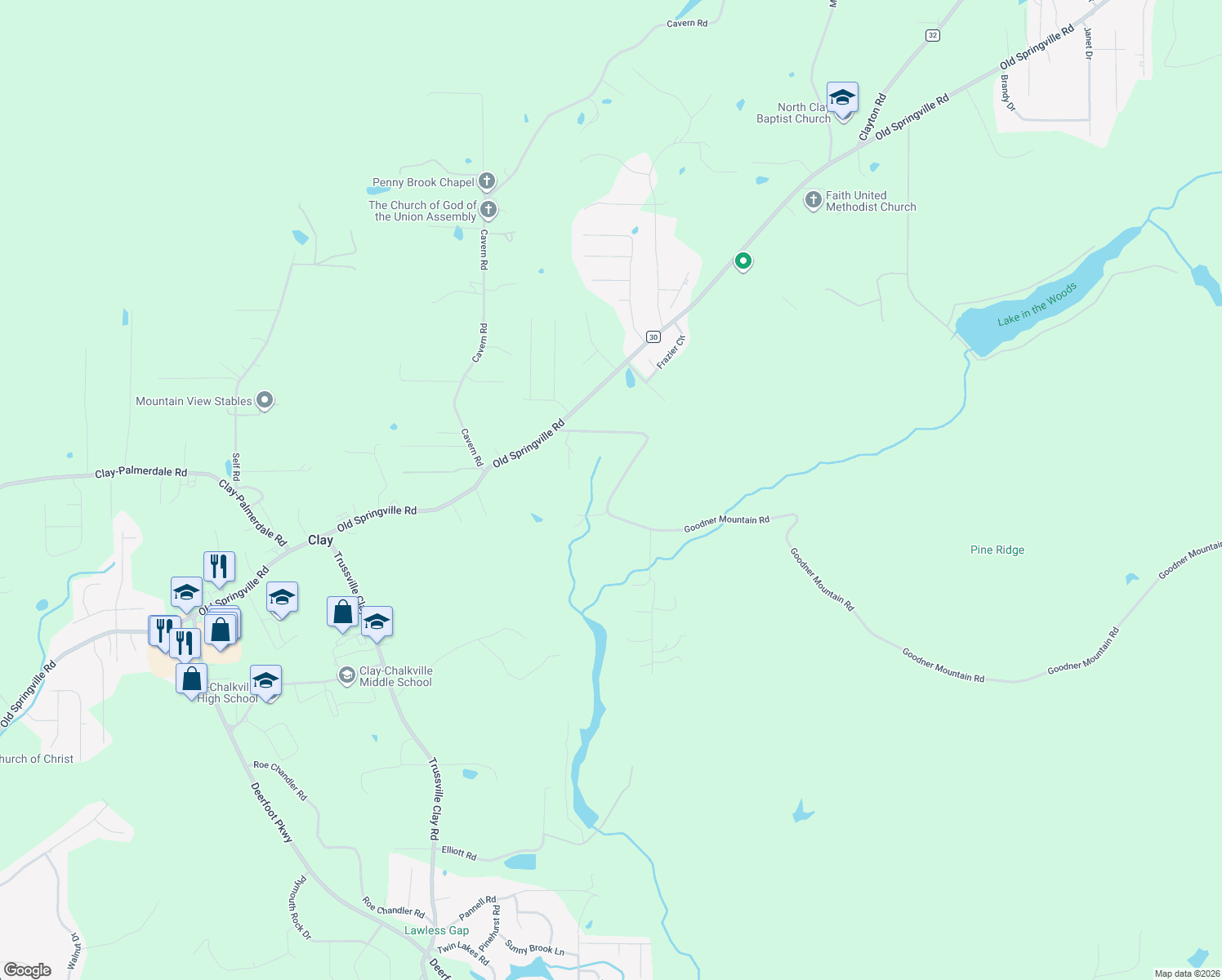 map of restaurants, bars, coffee shops, grocery stores, and more near 7131 Goodner Mountain Road in Pinson