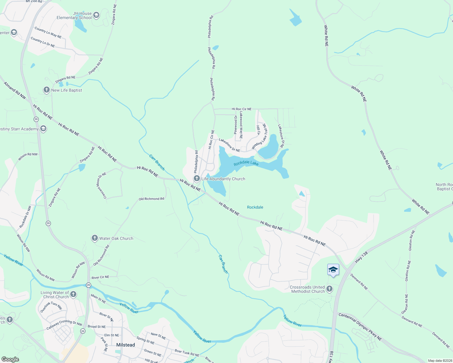 map of restaurants, bars, coffee shops, grocery stores, and more near 2328 East Lake Drive in Conyers