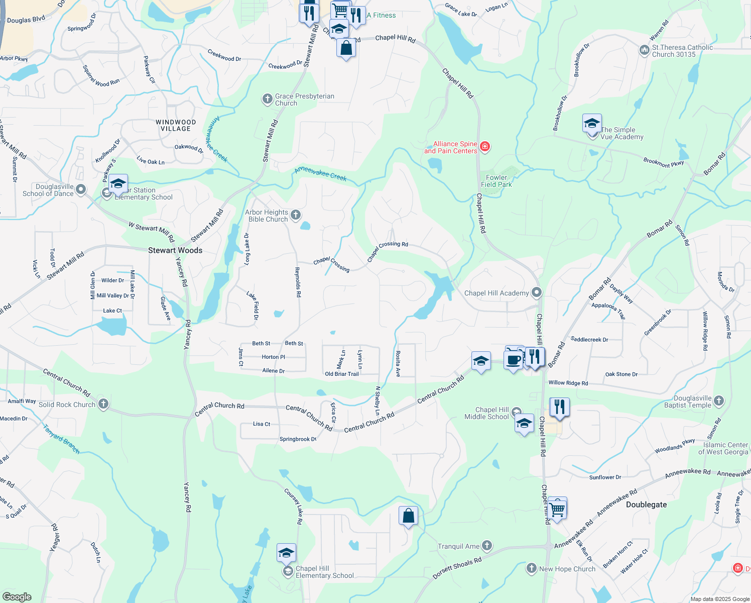 map of restaurants, bars, coffee shops, grocery stores, and more near 3663 Fowler Ridge in Douglasville