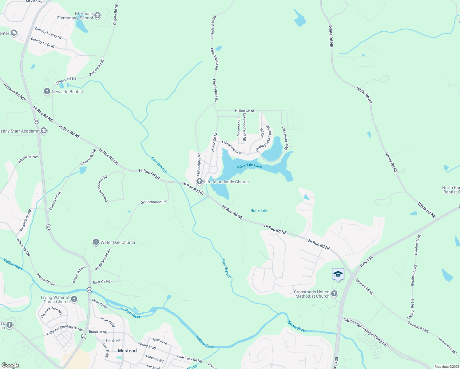 map of restaurants, bars, coffee shops, grocery stores, and more near 2328 East Lake Drive in Conyers