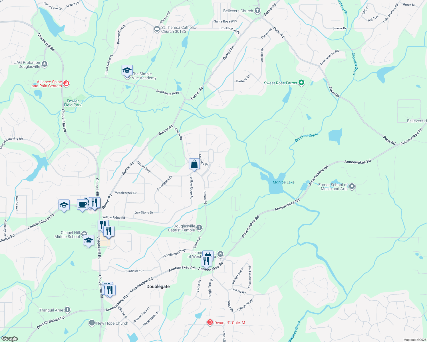 map of restaurants, bars, coffee shops, grocery stores, and more near 3866 Caro Ct in Douglasville