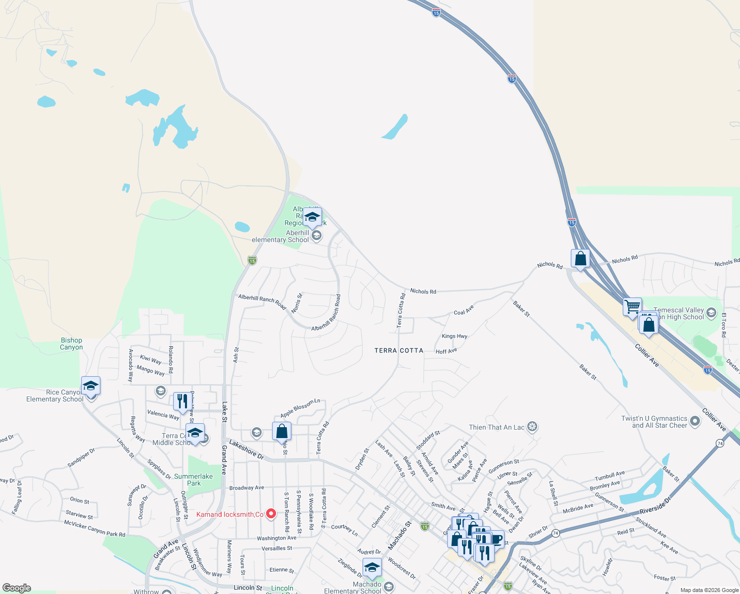 map of restaurants, bars, coffee shops, grocery stores, and more near 4253 Empressa Circle in Lake Elsinore