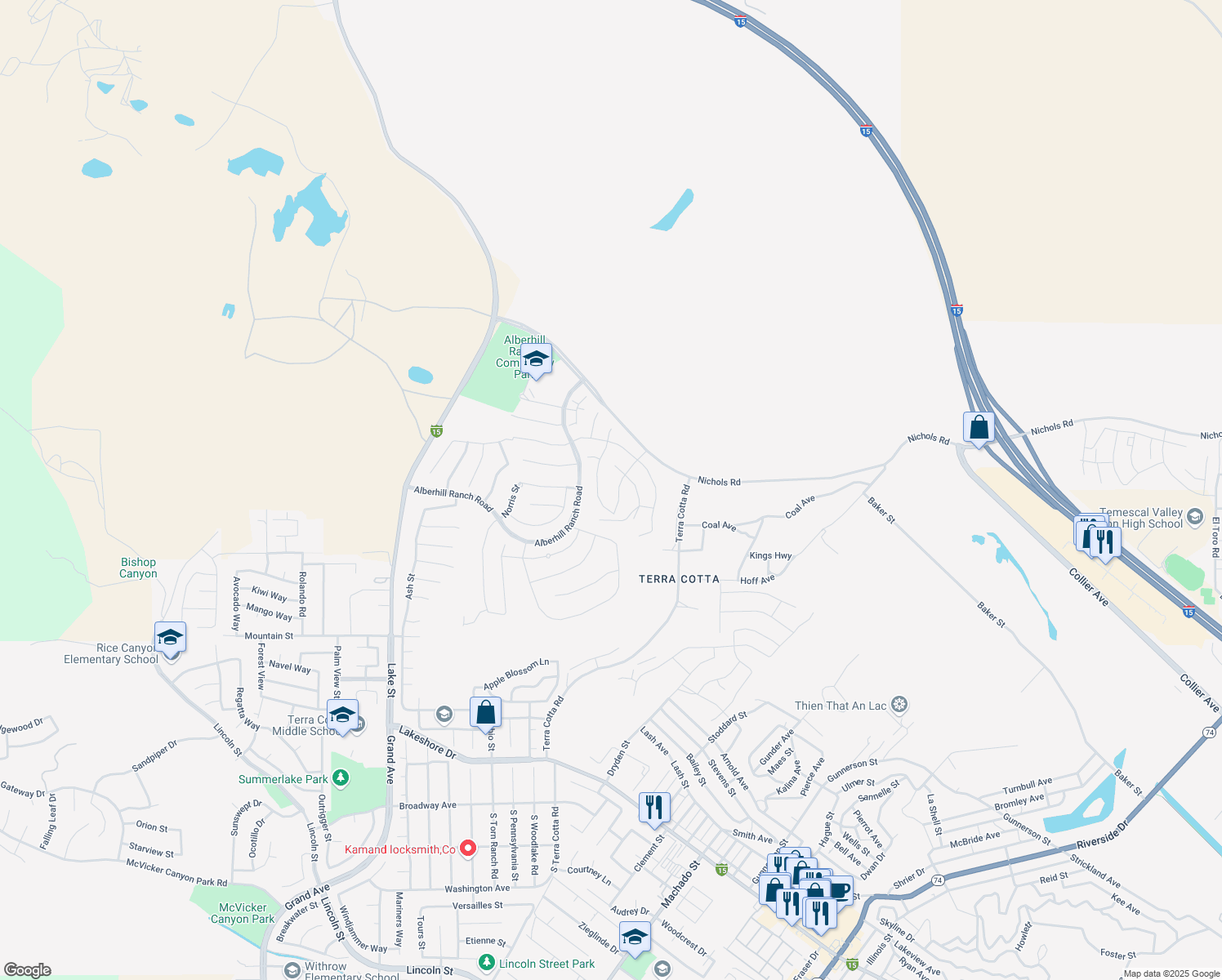 map of restaurants, bars, coffee shops, grocery stores, and more near 4139 Pioneer Lane in Lake Elsinore