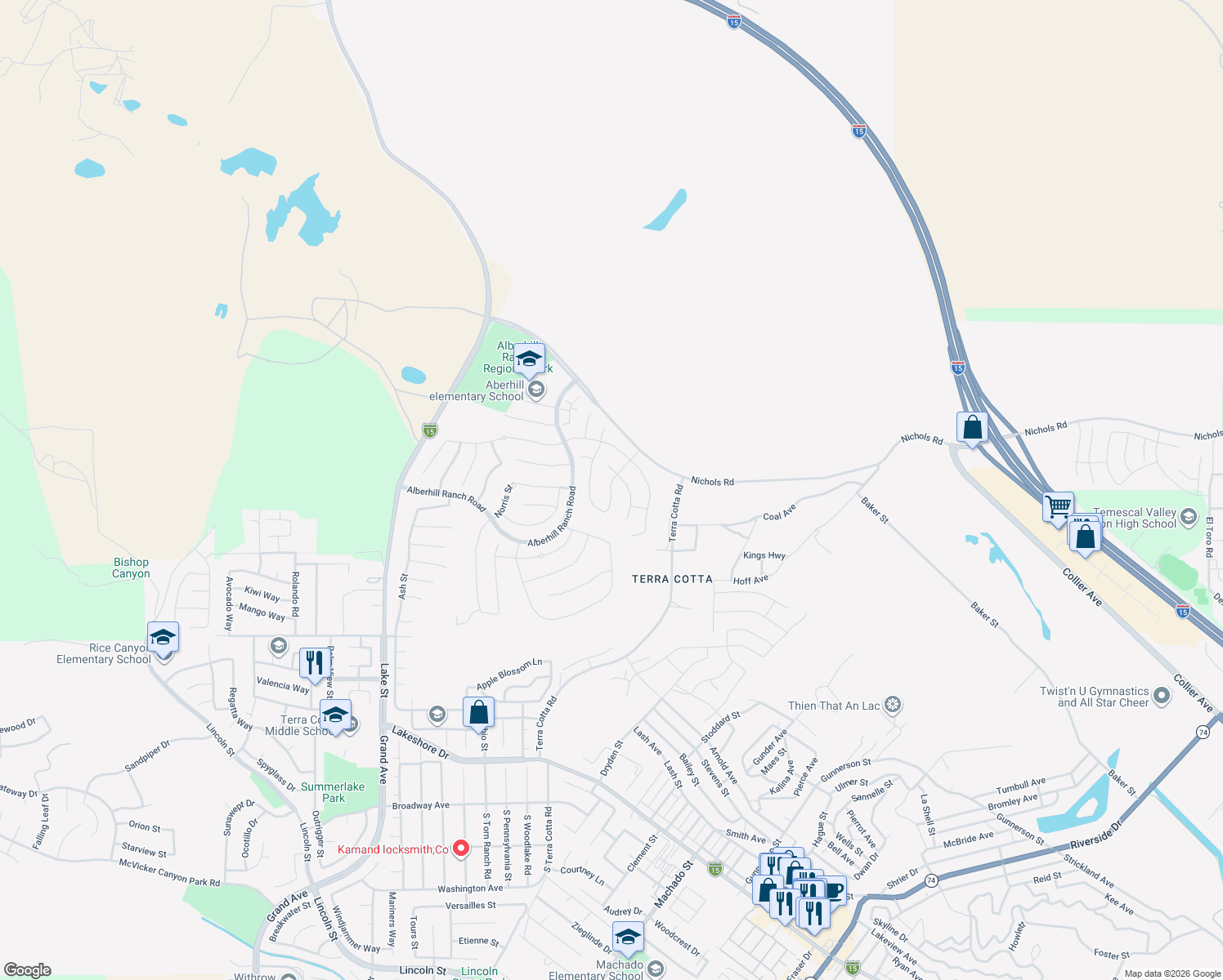 map of restaurants, bars, coffee shops, grocery stores, and more near 4138 Pioneer Lane in Lake Elsinore