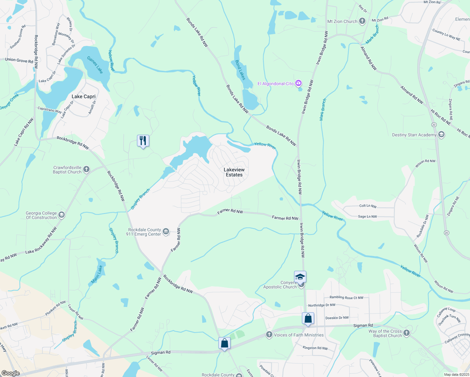 map of restaurants, bars, coffee shops, grocery stores, and more near 64 Crossland Drive Northwest in Conyers