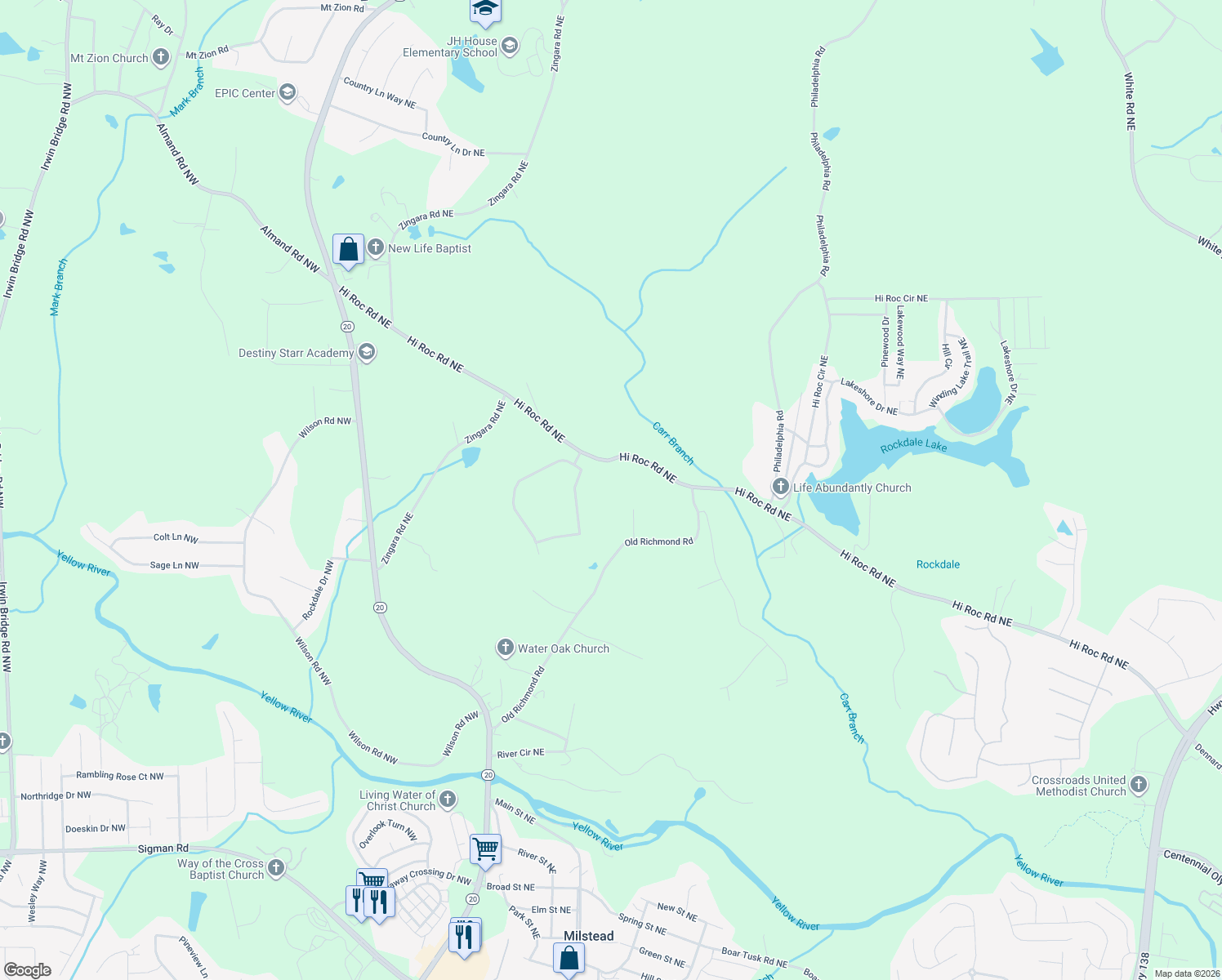 map of restaurants, bars, coffee shops, grocery stores, and more near 1675 Hi Roc Road Northeast in Conyers