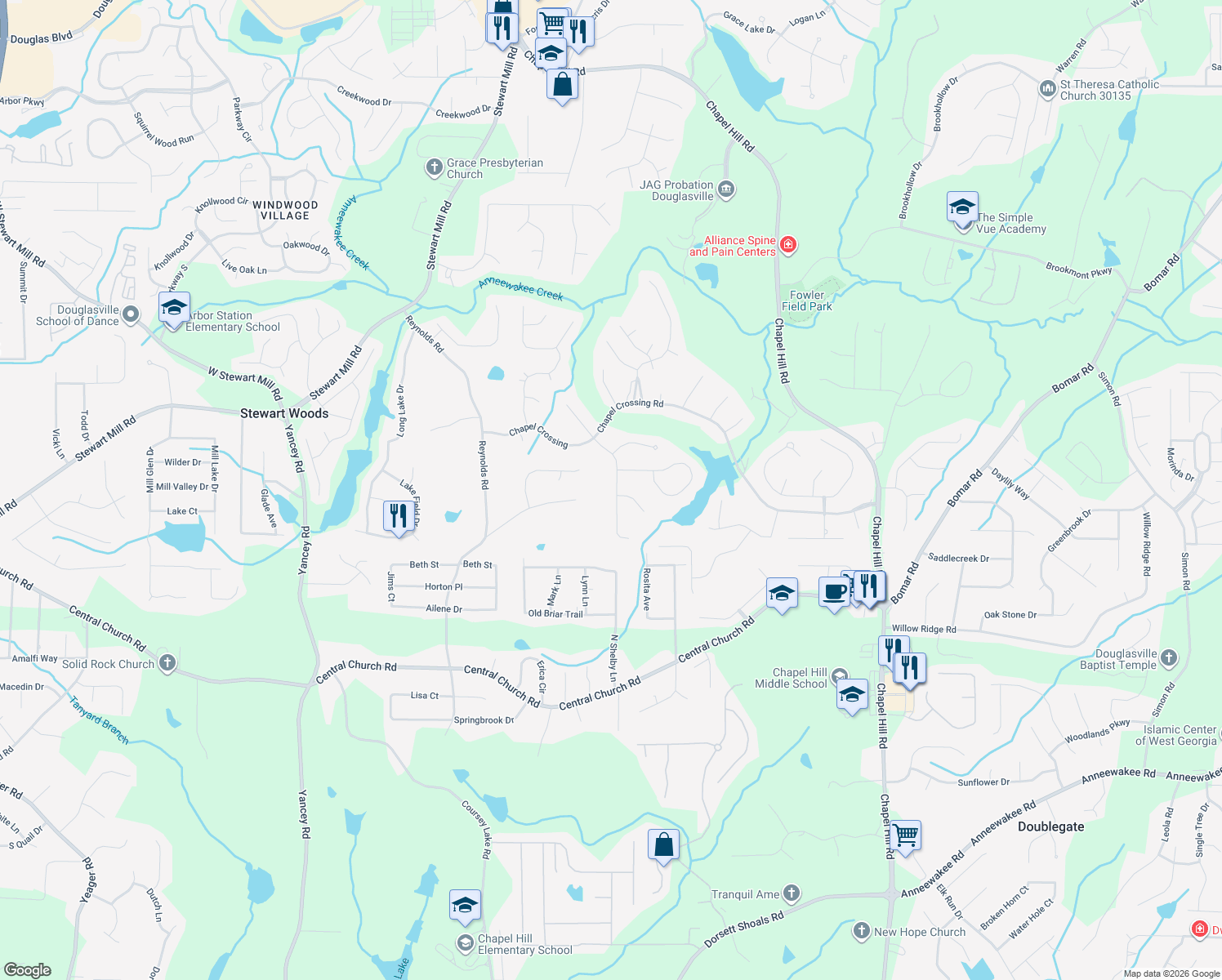 map of restaurants, bars, coffee shops, grocery stores, and more near 3659 Fowler Ridge in Douglasville