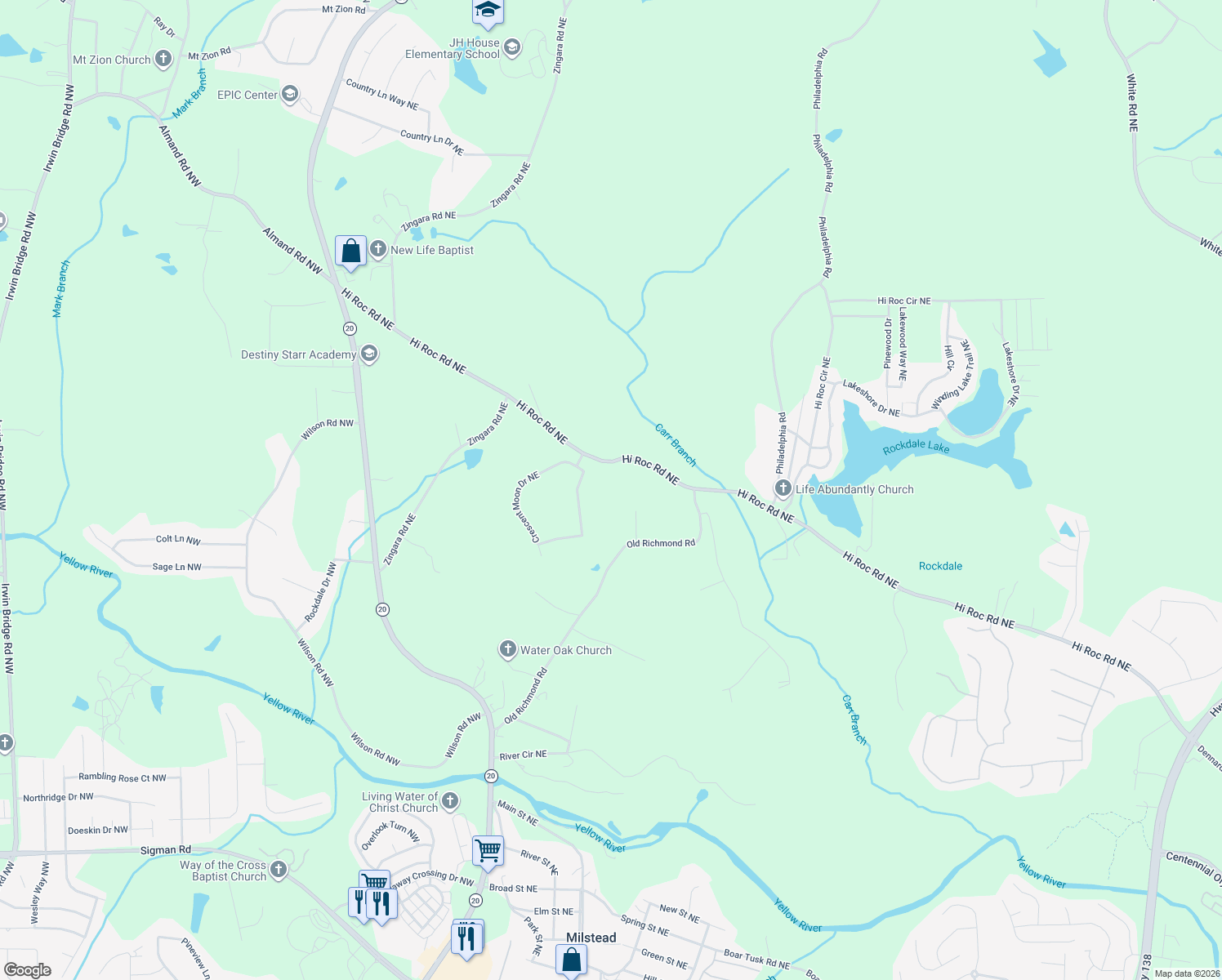 map of restaurants, bars, coffee shops, grocery stores, and more near 1675 Hi Roc Road Northeast in Conyers
