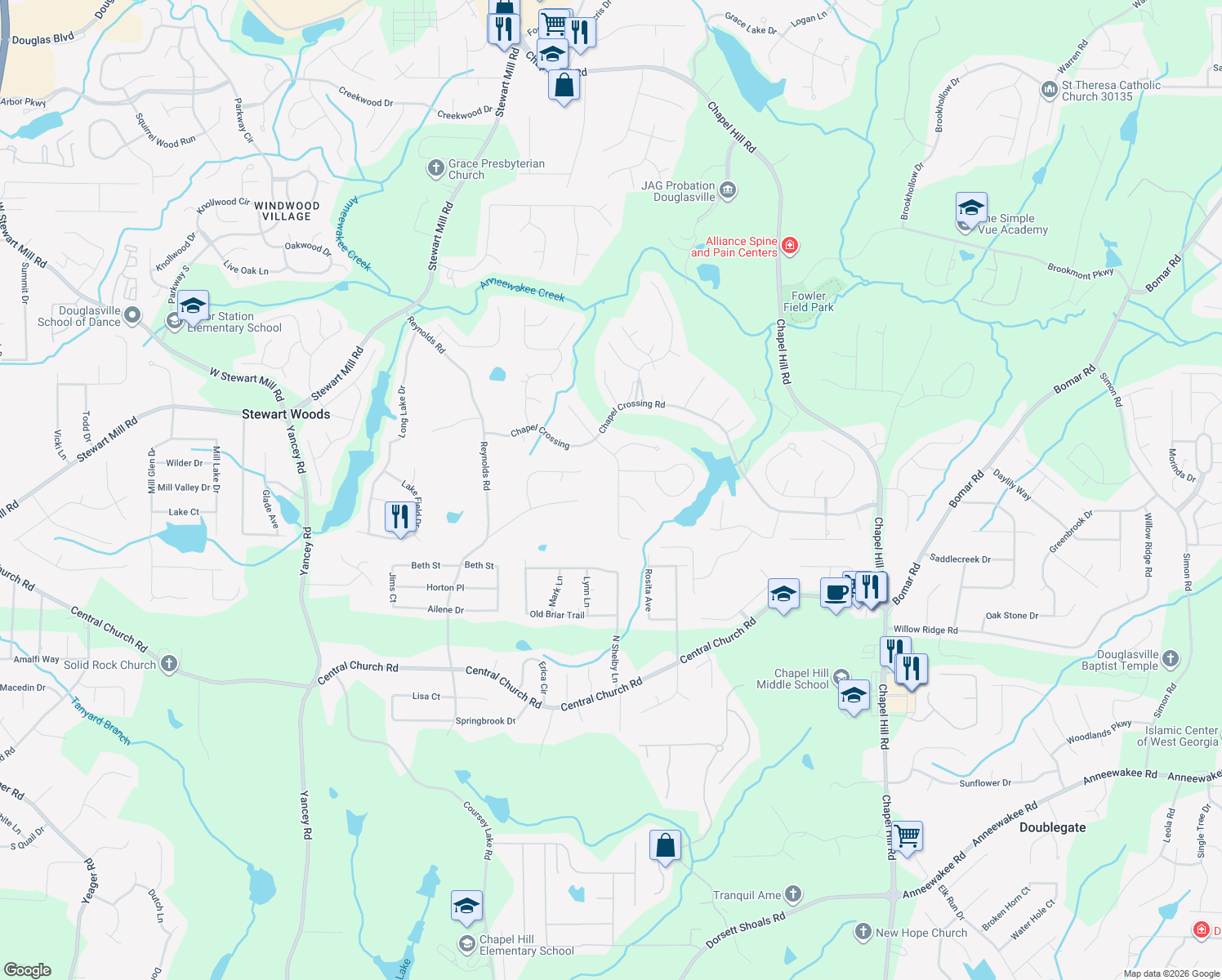 map of restaurants, bars, coffee shops, grocery stores, and more near 3659 Fowler Ridge in Douglasville