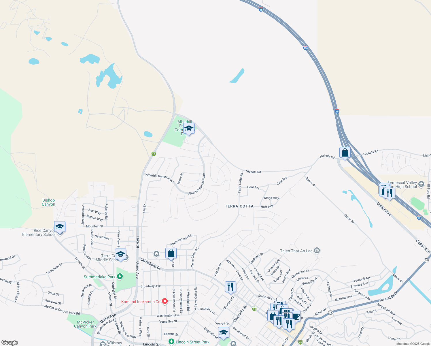 map of restaurants, bars, coffee shops, grocery stores, and more near 4138 Pioneer Lane in Lake Elsinore