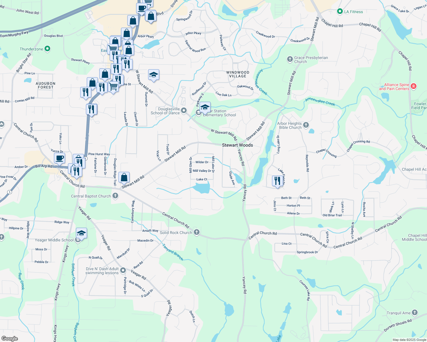 map of restaurants, bars, coffee shops, grocery stores, and more near Mill Lake Drive in Douglasville