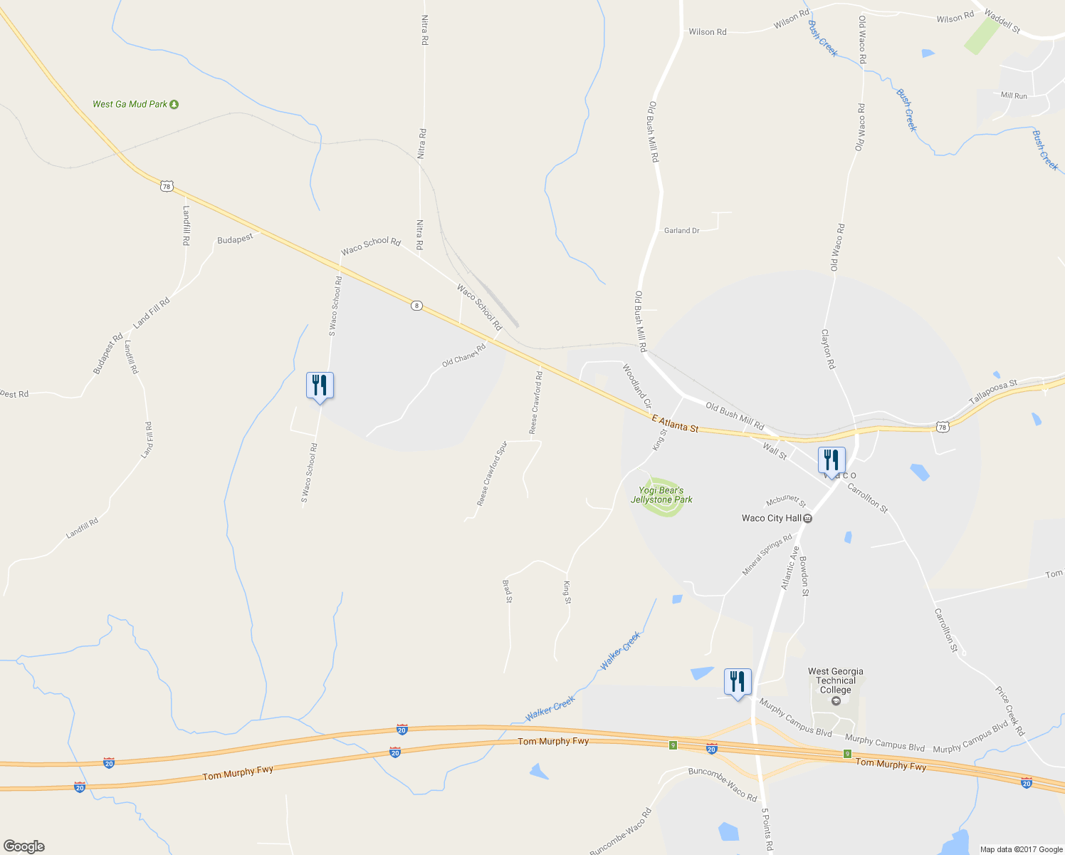 map of restaurants, bars, coffee shops, grocery stores, and more near 170 Reese Crawford Road in Bremen