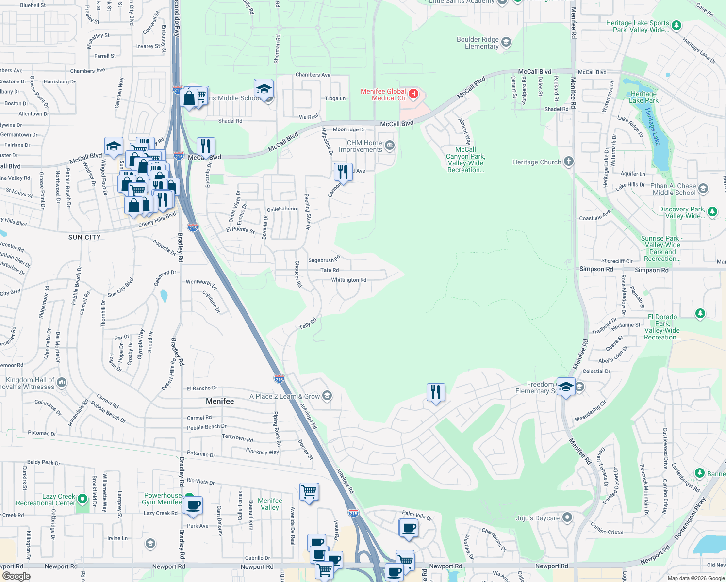 map of restaurants, bars, coffee shops, grocery stores, and more near 28622 Woodchester Way in Menifee