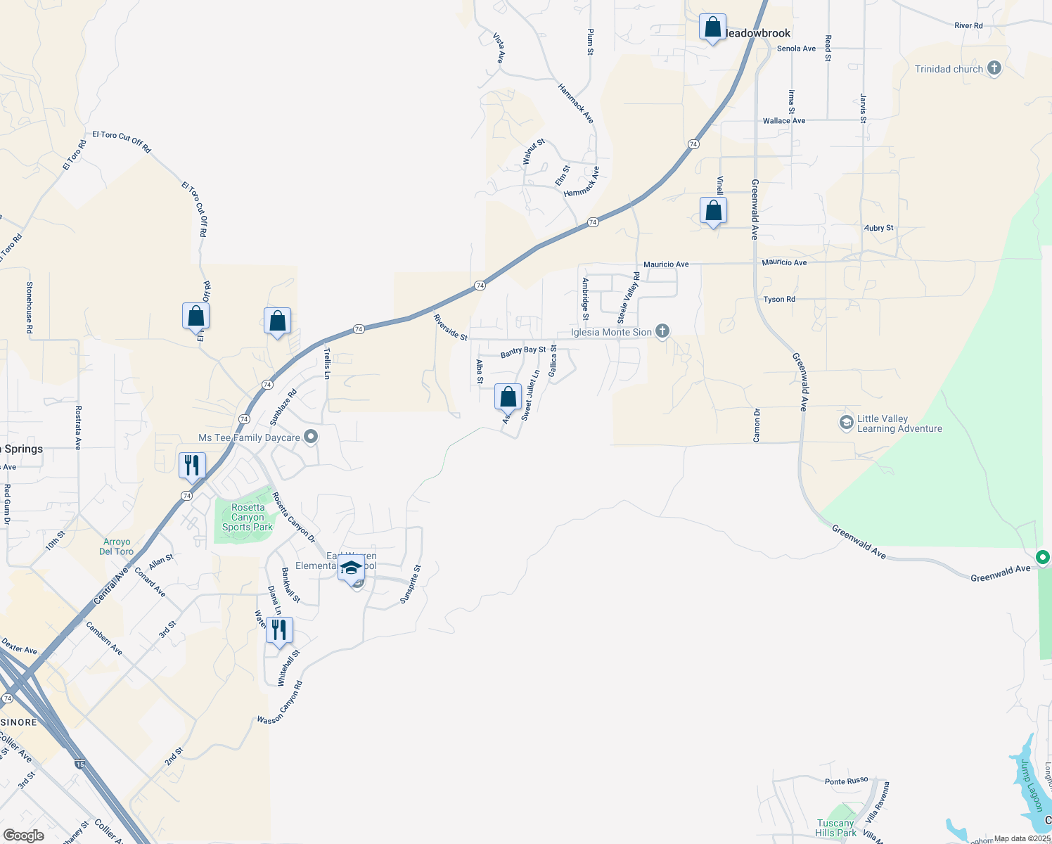 map of restaurants, bars, coffee shops, grocery stores, and more near 52986 Sweet Juliet Lane in Lake Elsinore