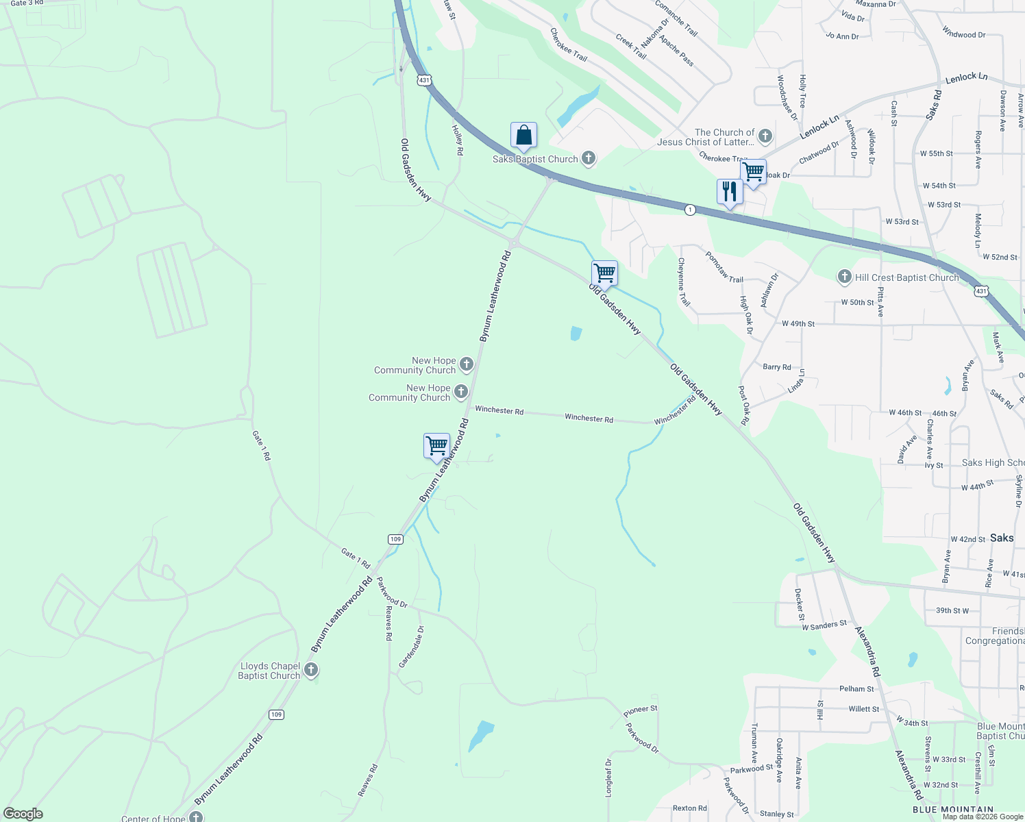 map of restaurants, bars, coffee shops, grocery stores, and more near 2018 Winchester Road in Anniston