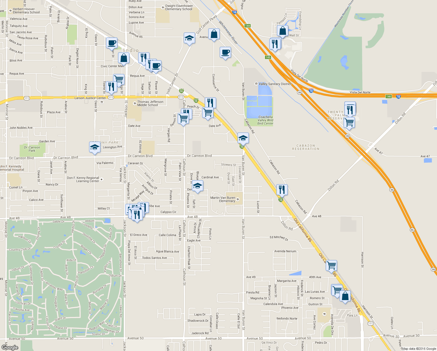 map of restaurants, bars, coffee shops, grocery stores, and more near 83712 Cardinal Avenue in Indio