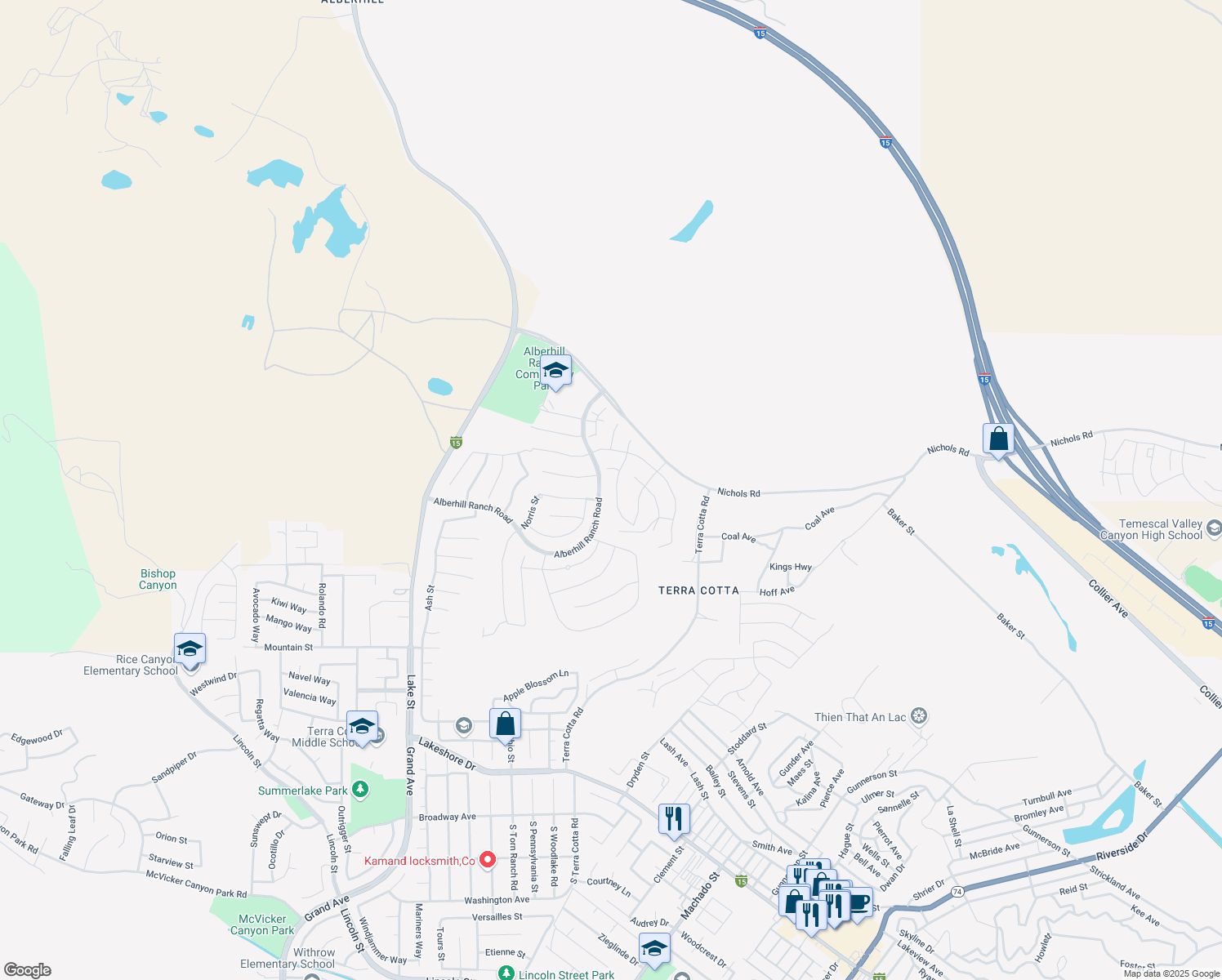 map of restaurants, bars, coffee shops, grocery stores, and more near 4253 Empressa Circle in Lake Elsinore