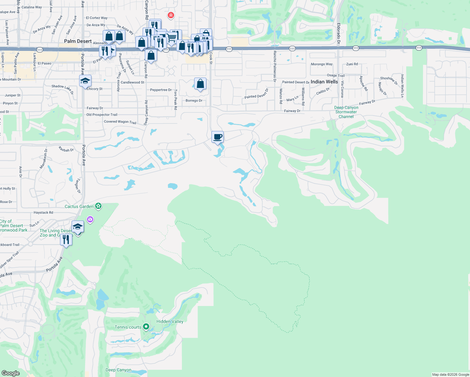 map of restaurants, bars, coffee shops, grocery stores, and more near 47725 Vintage Drive East in Indian Wells