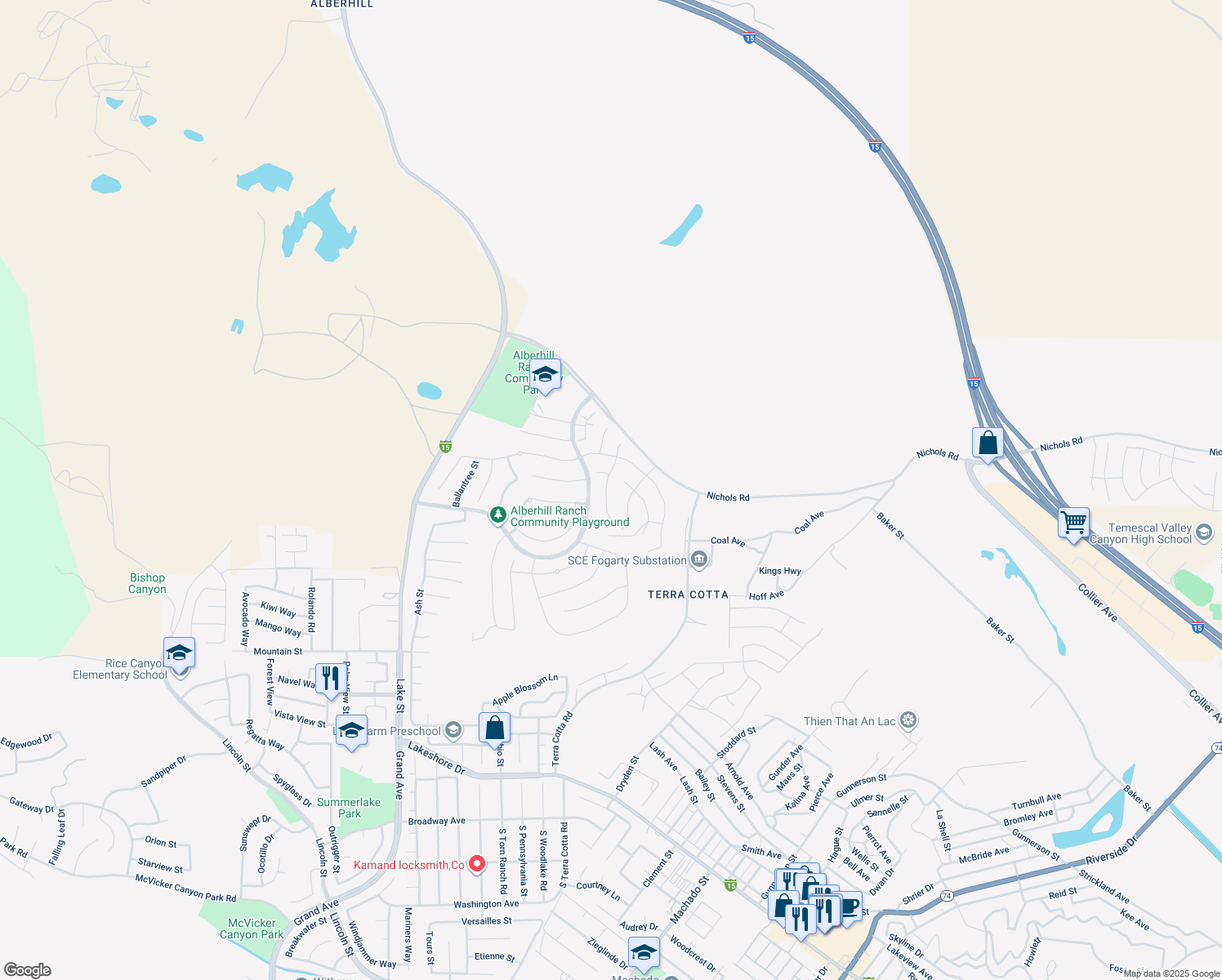 map of restaurants, bars, coffee shops, grocery stores, and more near 4188 Myrtle Street in Lake Elsinore
