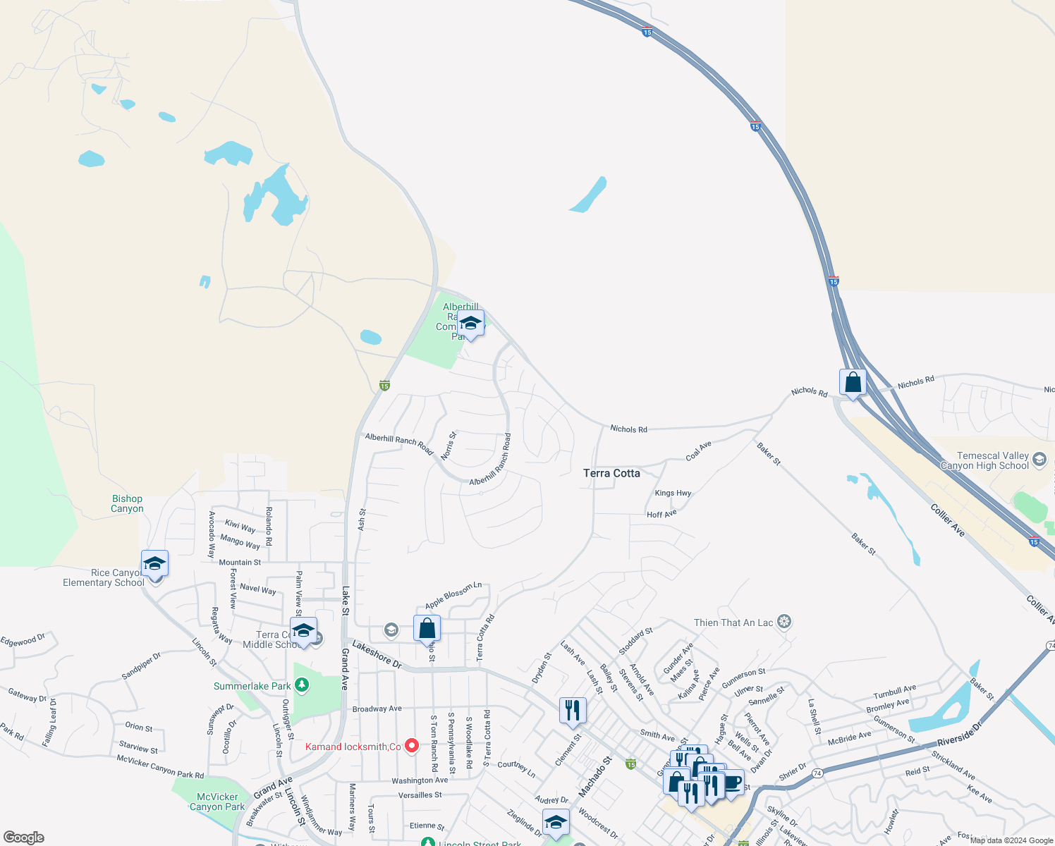 map of restaurants, bars, coffee shops, grocery stores, and more near 4188 Myrtle Street in Lake Elsinore