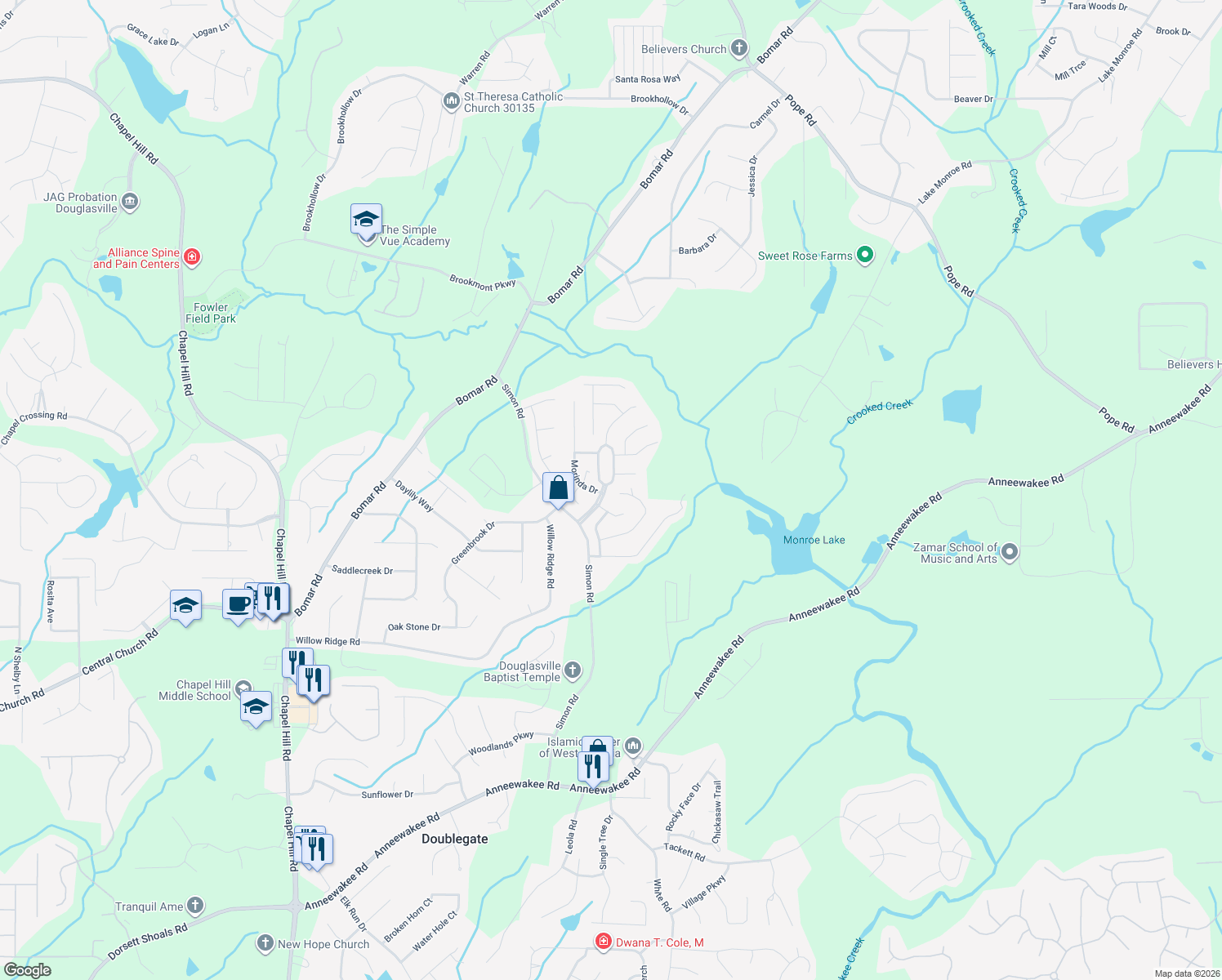 map of restaurants, bars, coffee shops, grocery stores, and more near 3651 Monticello St in Douglasville