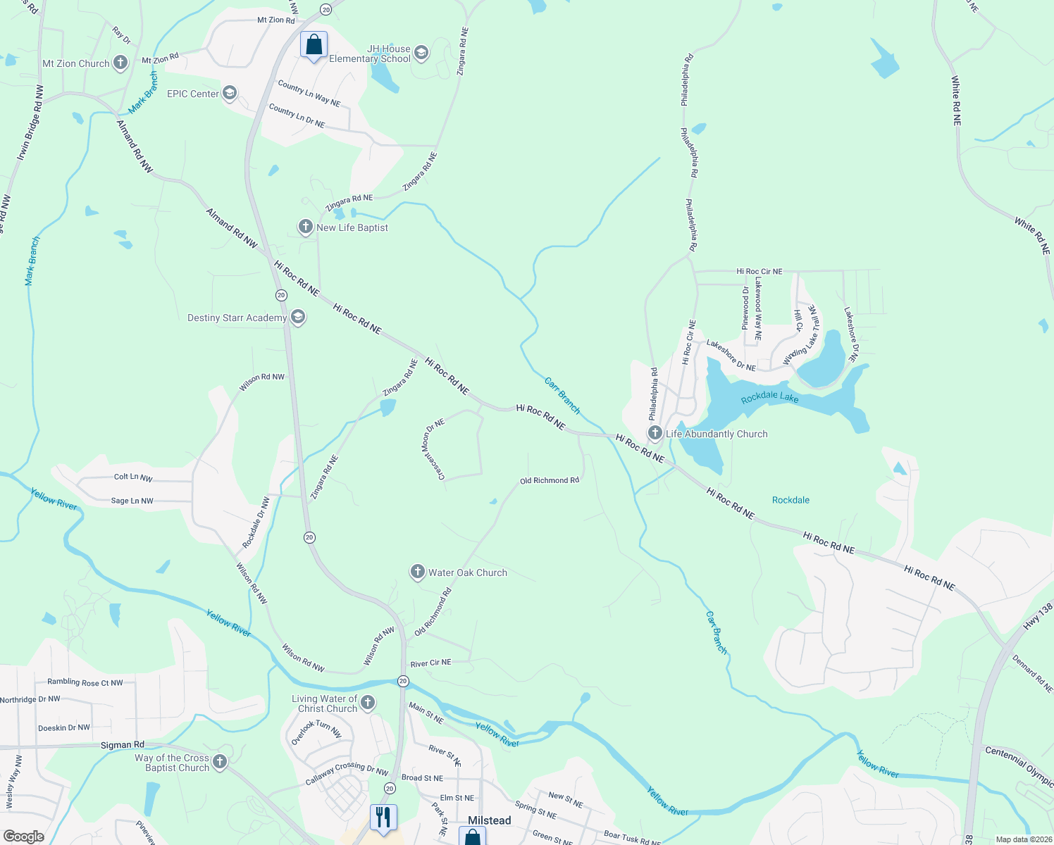 map of restaurants, bars, coffee shops, grocery stores, and more near 2300 Pinetree Lane Northeast in Conyers