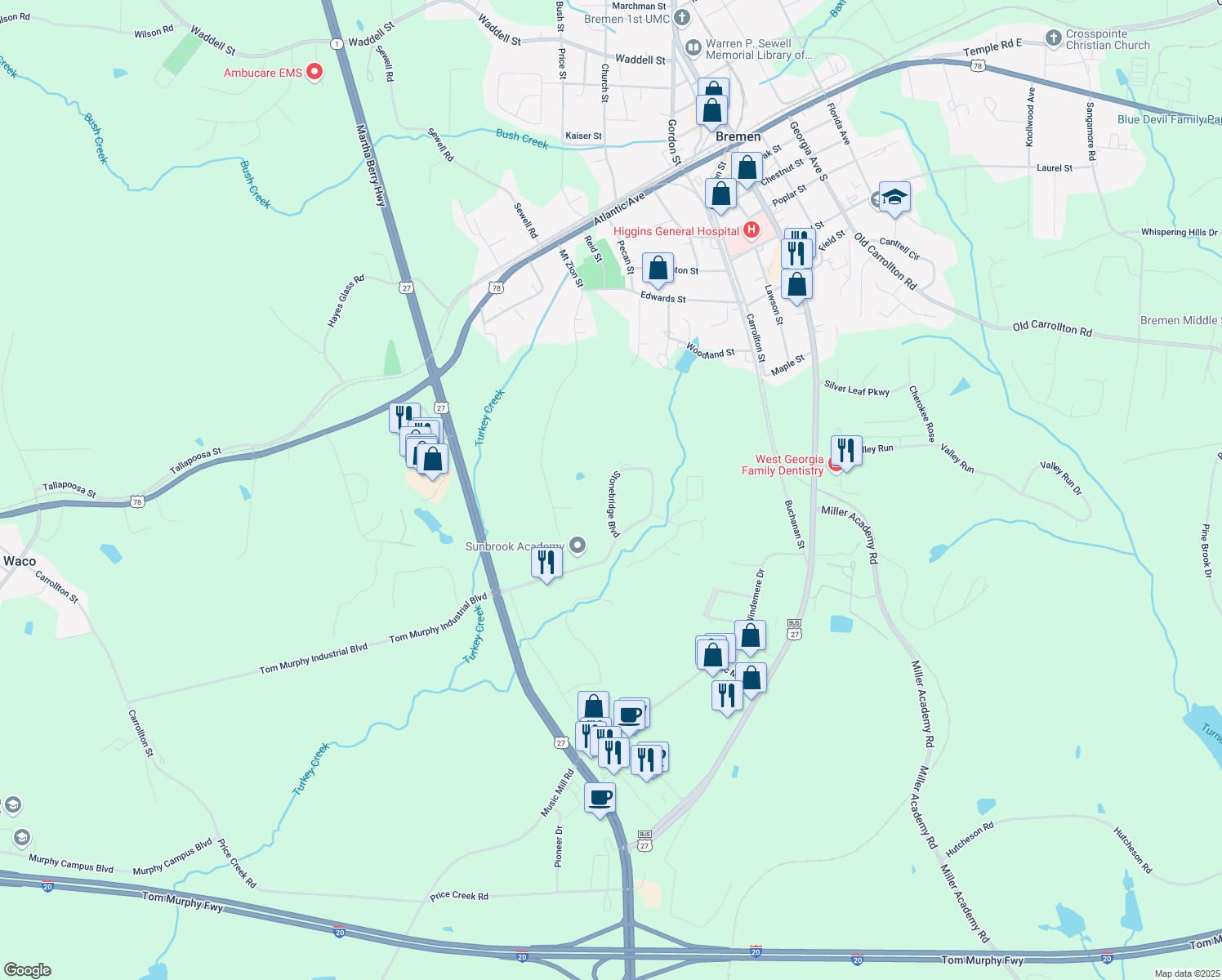 map of restaurants, bars, coffee shops, grocery stores, and more near 334 Stonebridge Boulevard in Bremen