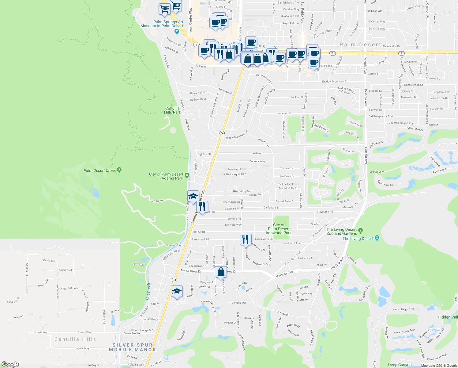 map of restaurants, bars, coffee shops, grocery stores, and more near 72948 Ken Rosewall Lane in Palm Desert